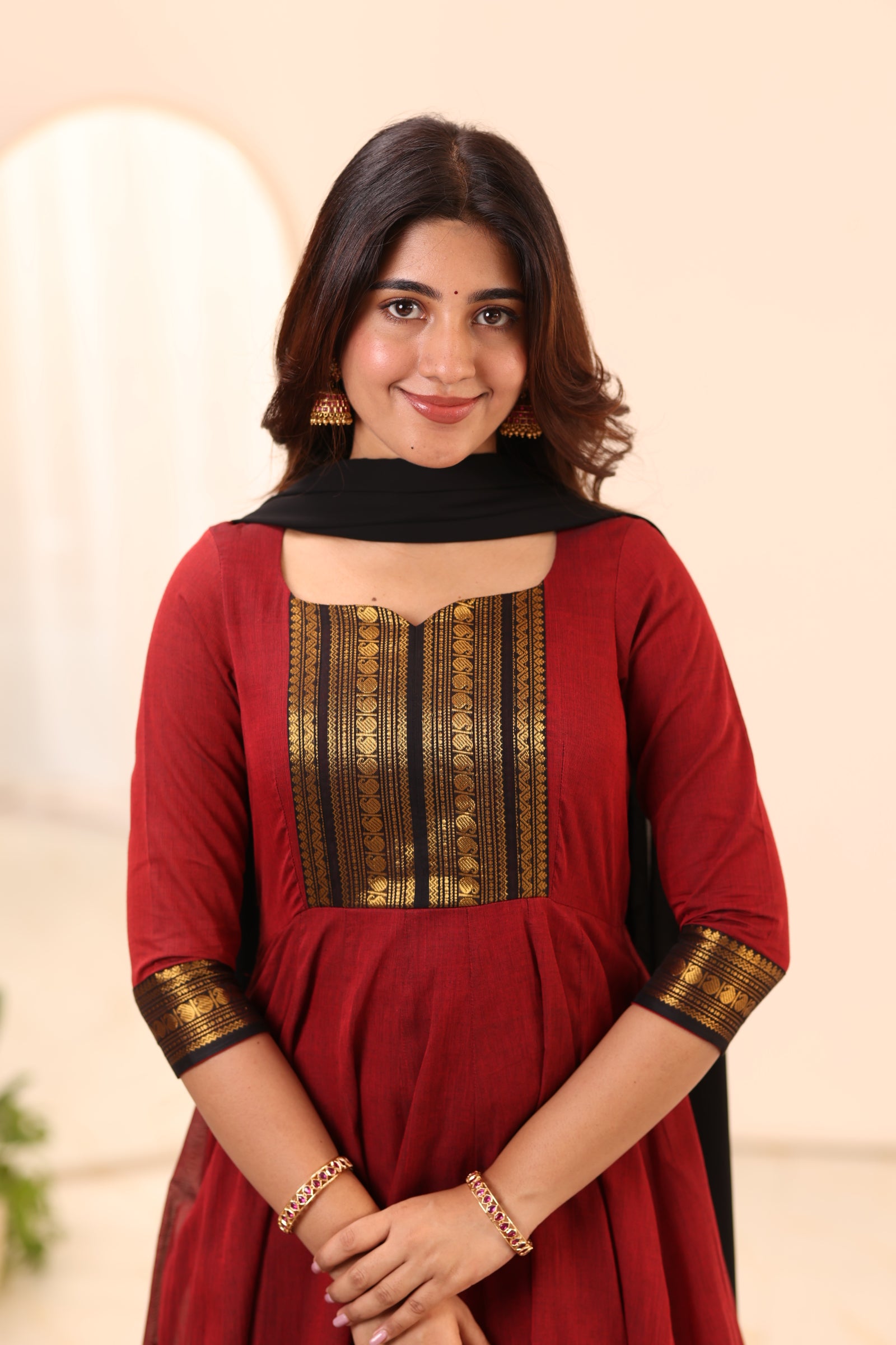 Maroon and Black Chettinad Cotton Anarkali Top and Dupatta