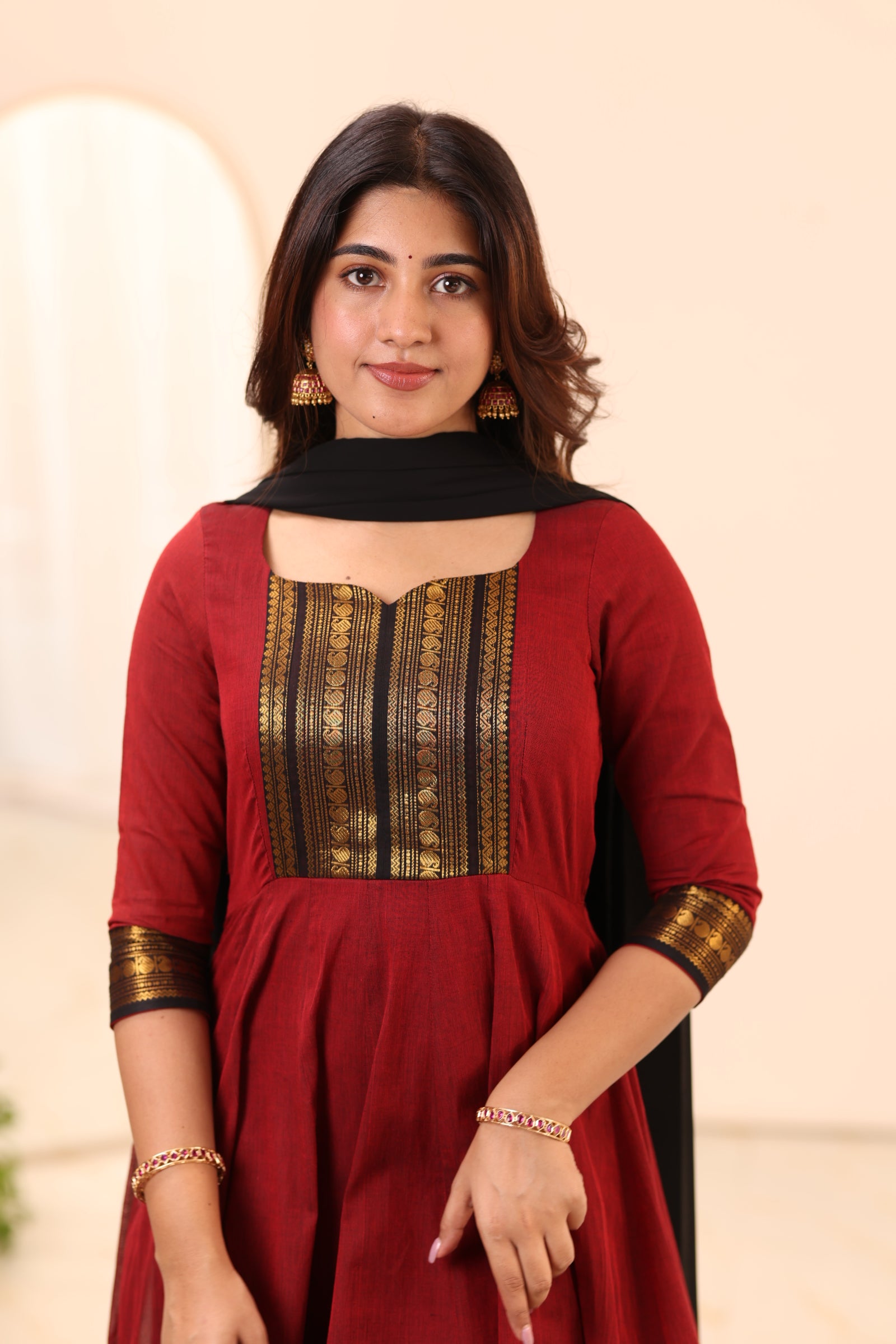 Maroon and Black Chettinad Cotton Anarkali Top and Dupatta