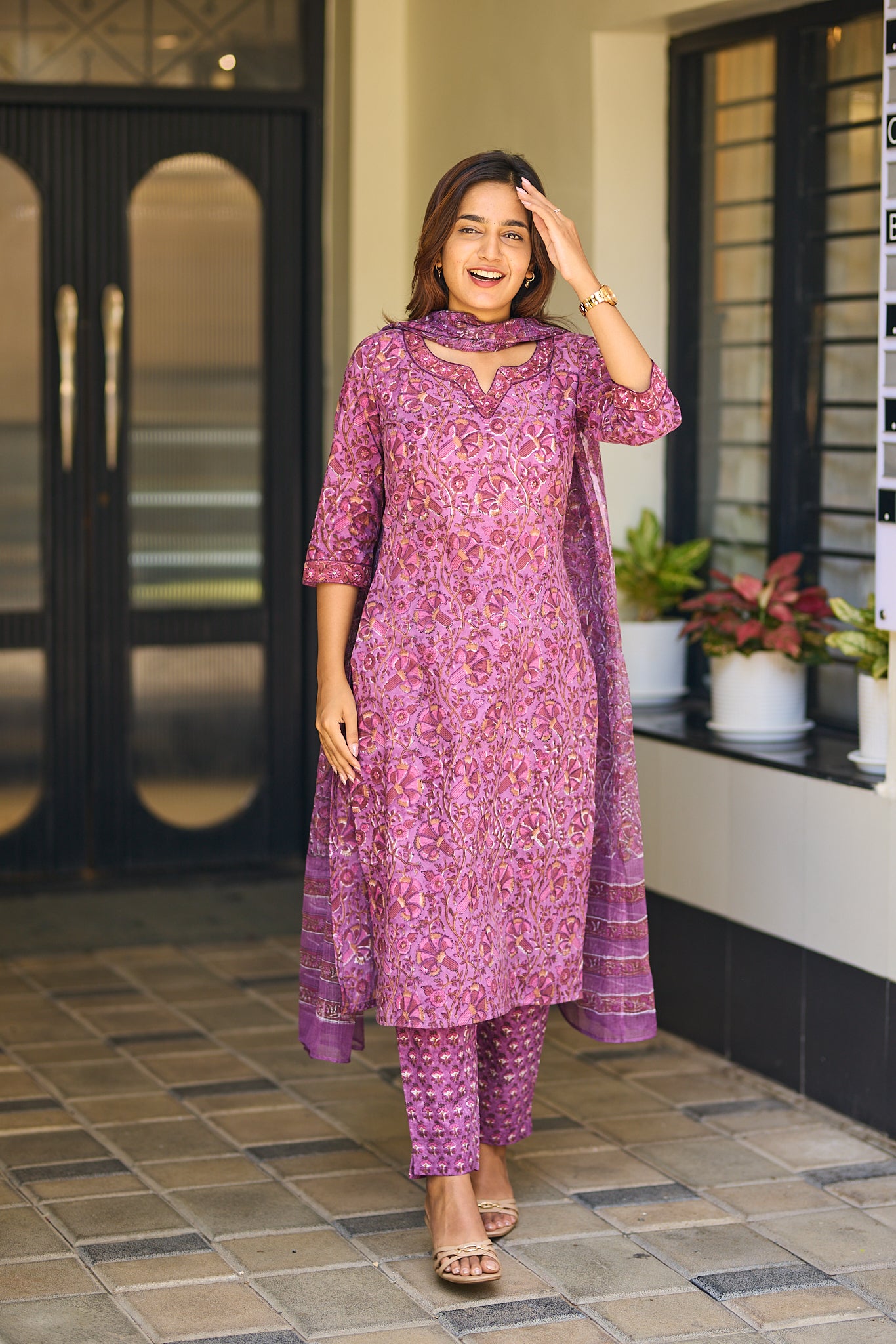 Mauve Garden Block Print Cotton Salwar Suit with Kota Dupatta