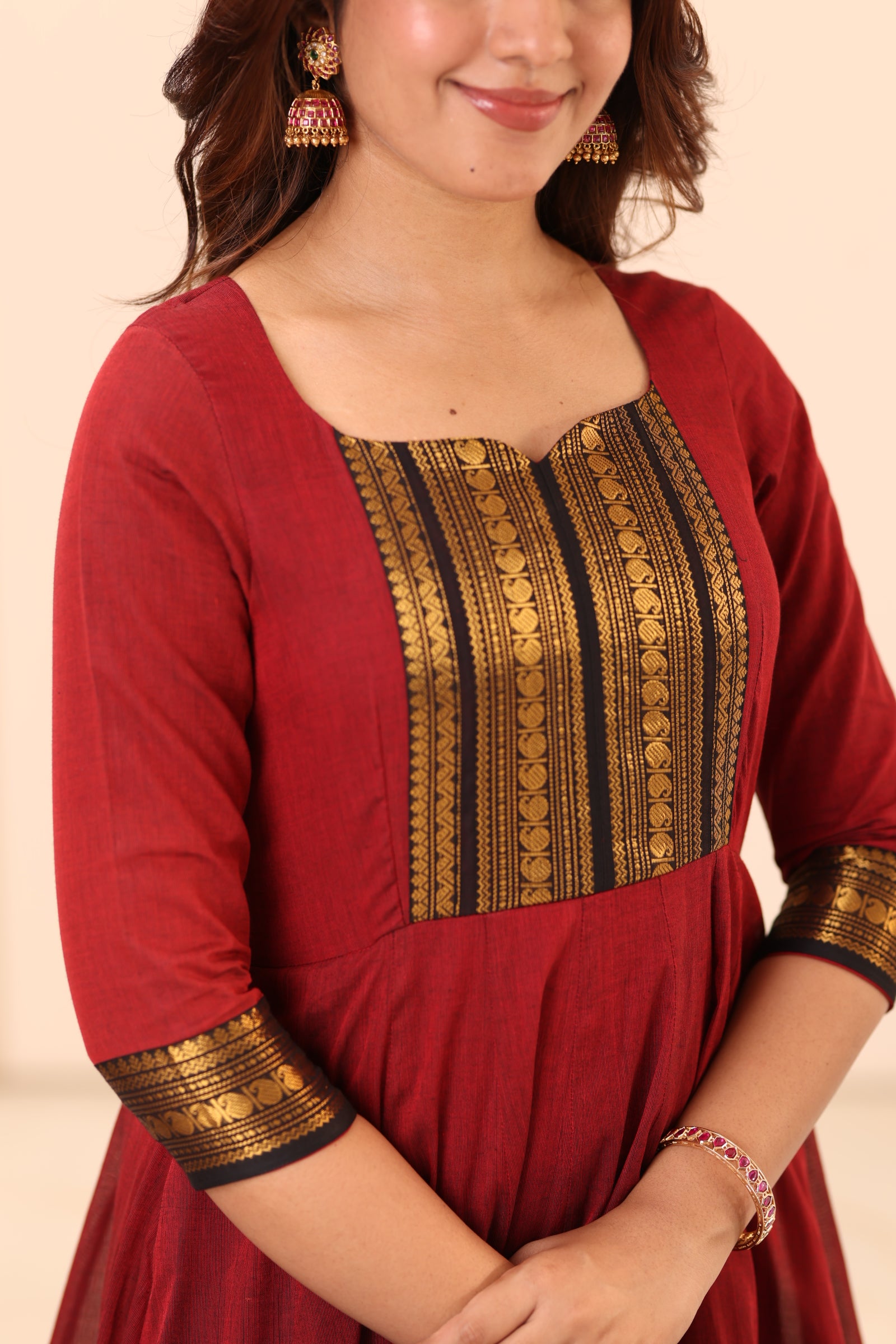 Maroon and Black Chettinad Cotton Anarkali Top and Dupatta