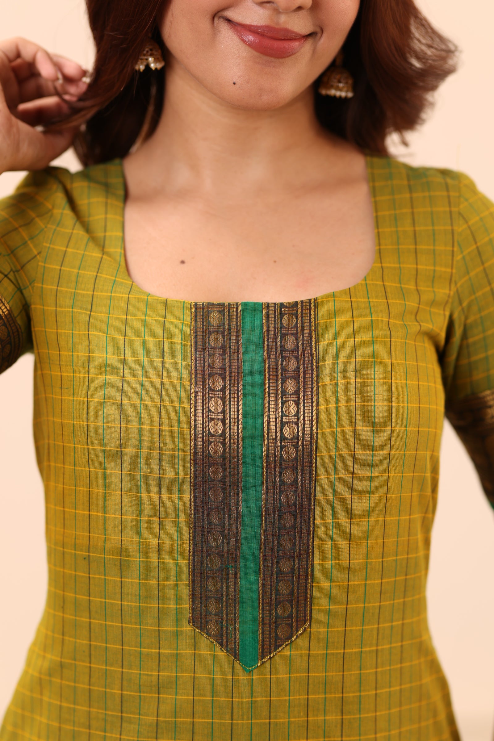 Olive Green with Turquoise Chettinad Cotton Top and Dupatta