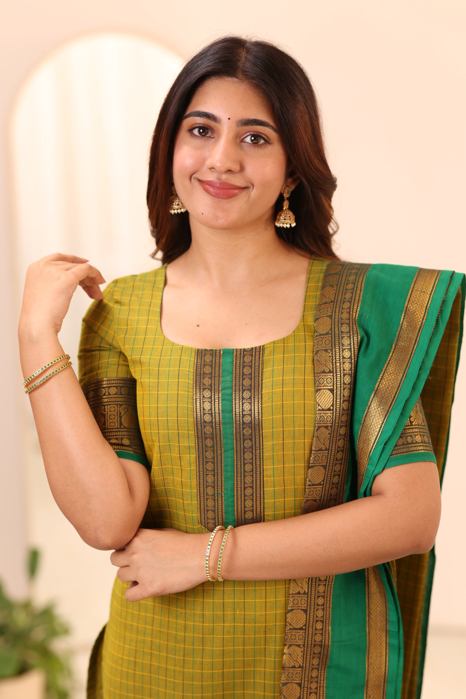 Olive Green with Turquoise Chettinad Cotton Top and Dupatta