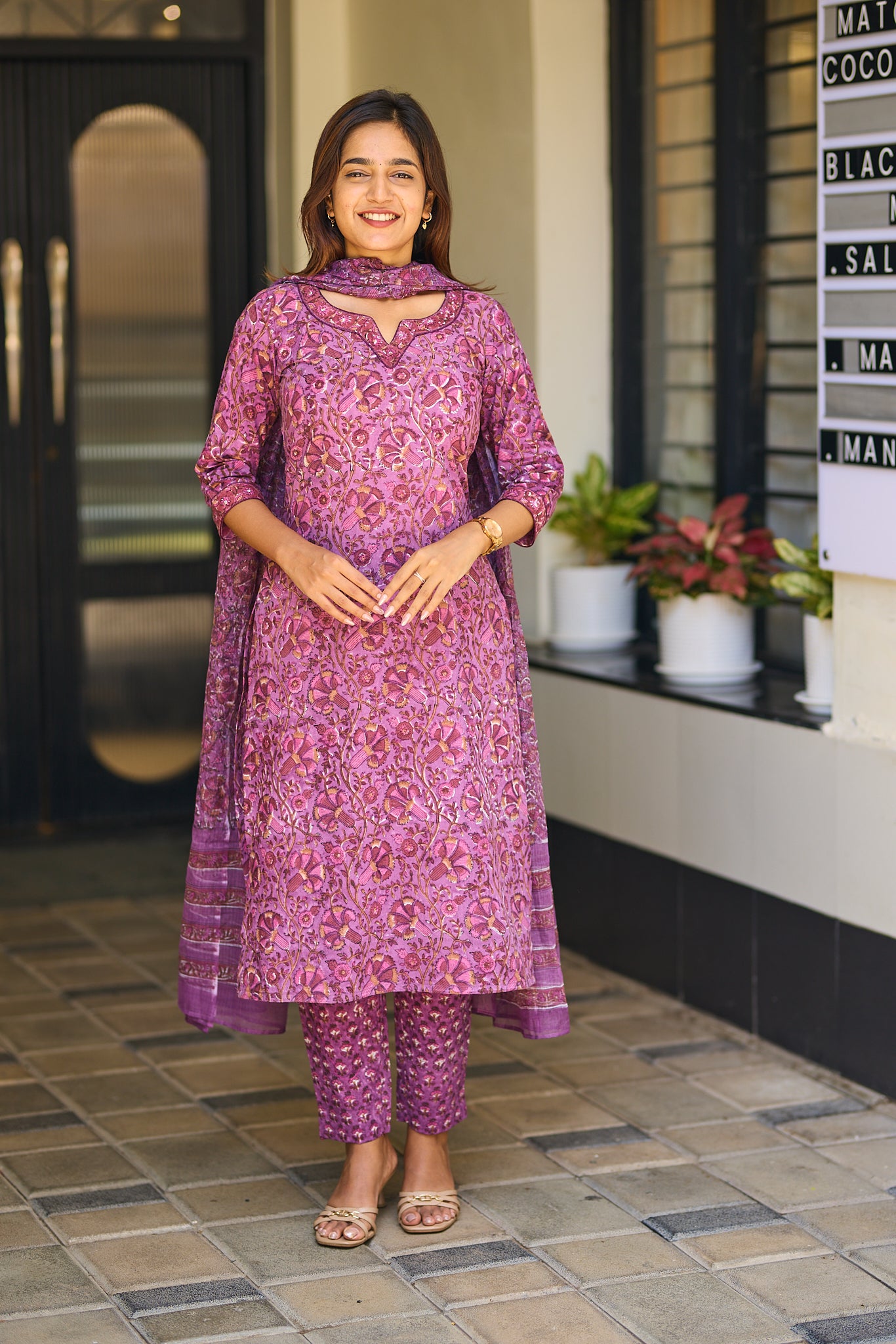 Mauve Garden Block Print Cotton Salwar Suit with Kota Dupatta