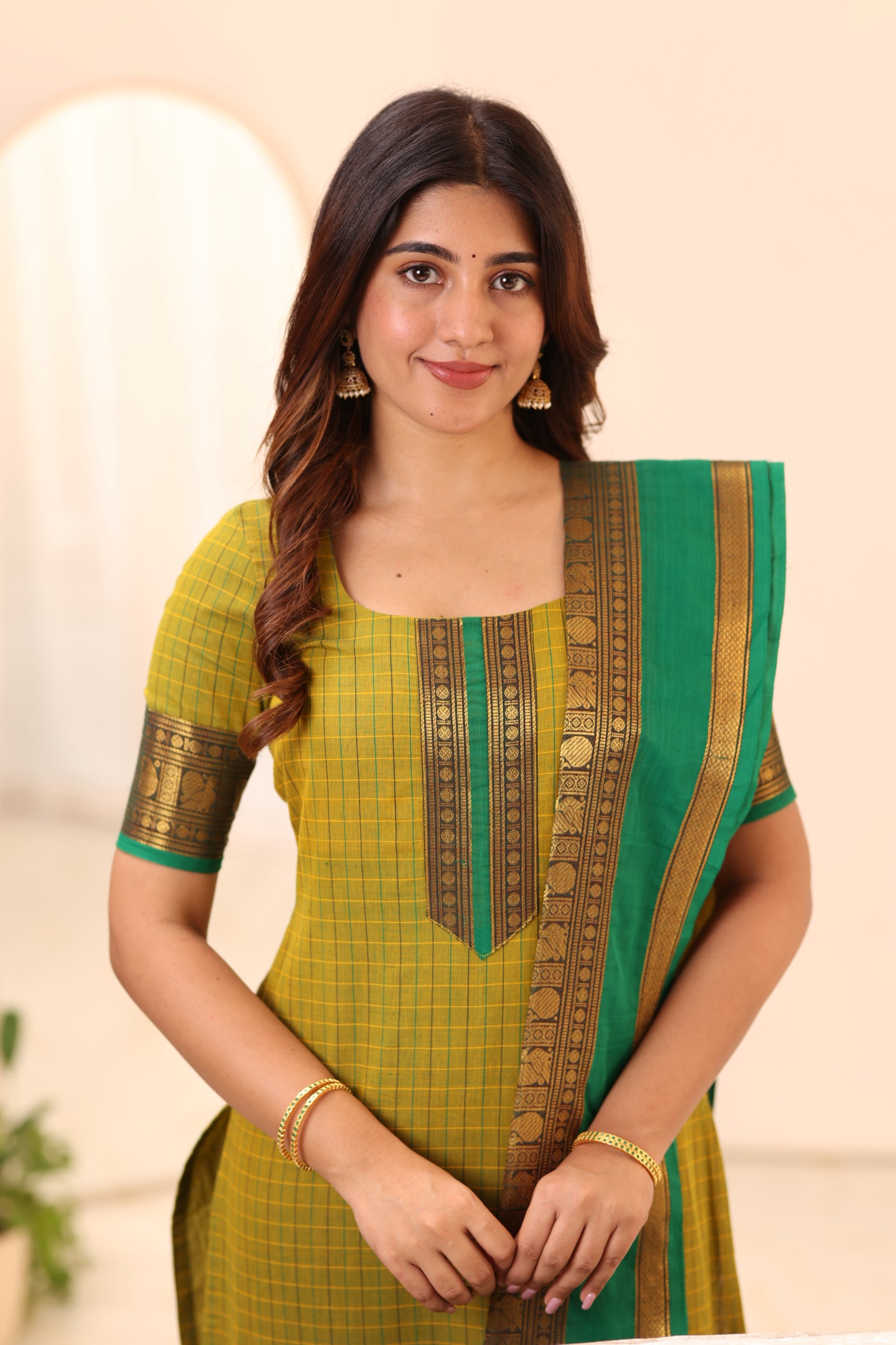 Olive Green with Turquoise Chettinad Cotton Top and Dupatta