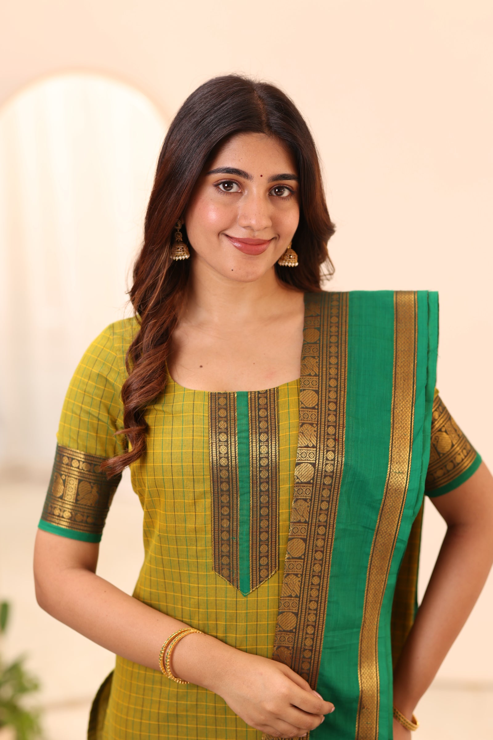 Olive Green with Turquoise Chettinad Cotton Top and Dupatta