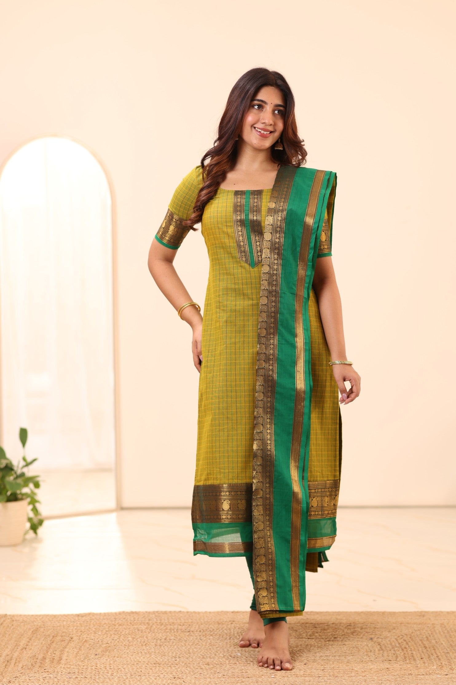 Olive Green with Turquoise Chettinad Cotton Top and Dupatta