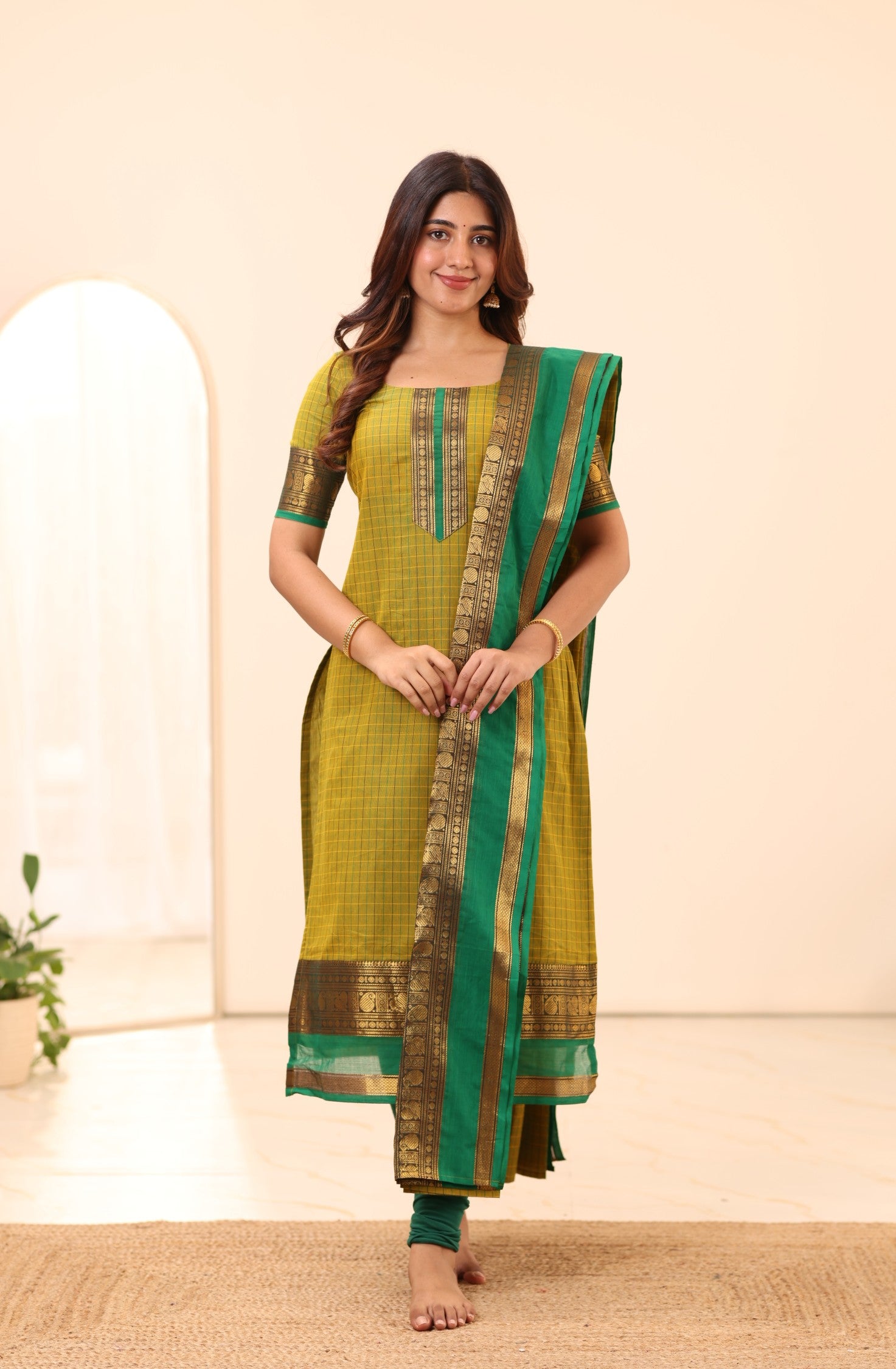 Olive Green with Turquoise Chettinad Cotton Top and Dupatta