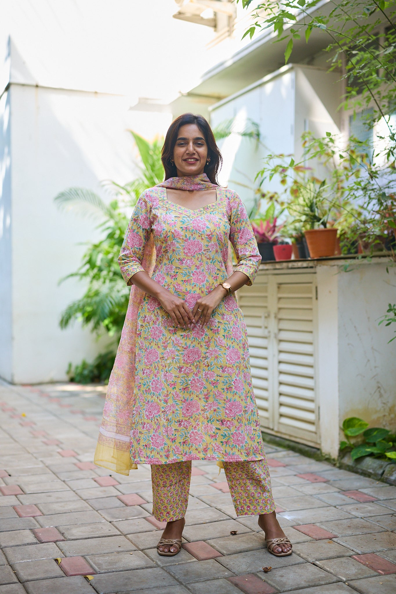 Light Canary Yellow with Pink Floral-block Print Cotton Salwar Suit Set  with Kota dupatta