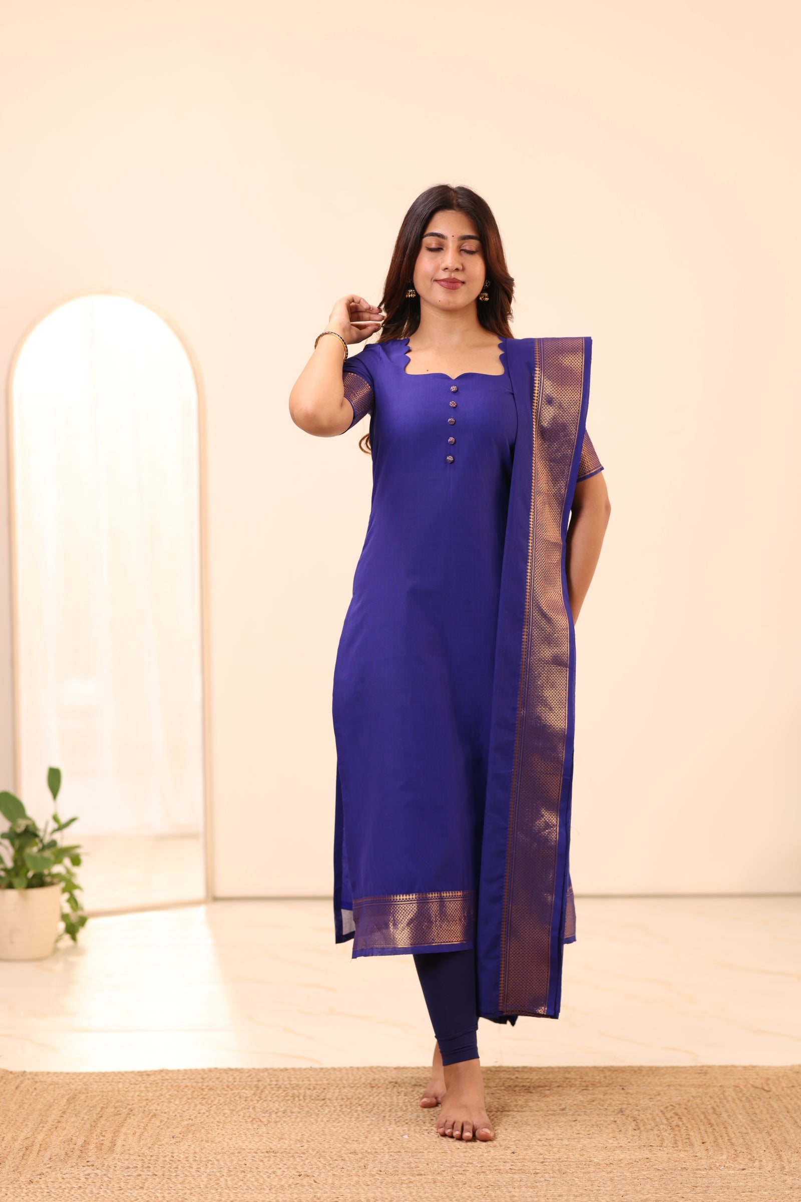 Electric Royal Blue Chettinad Cotton Top and Dupatta