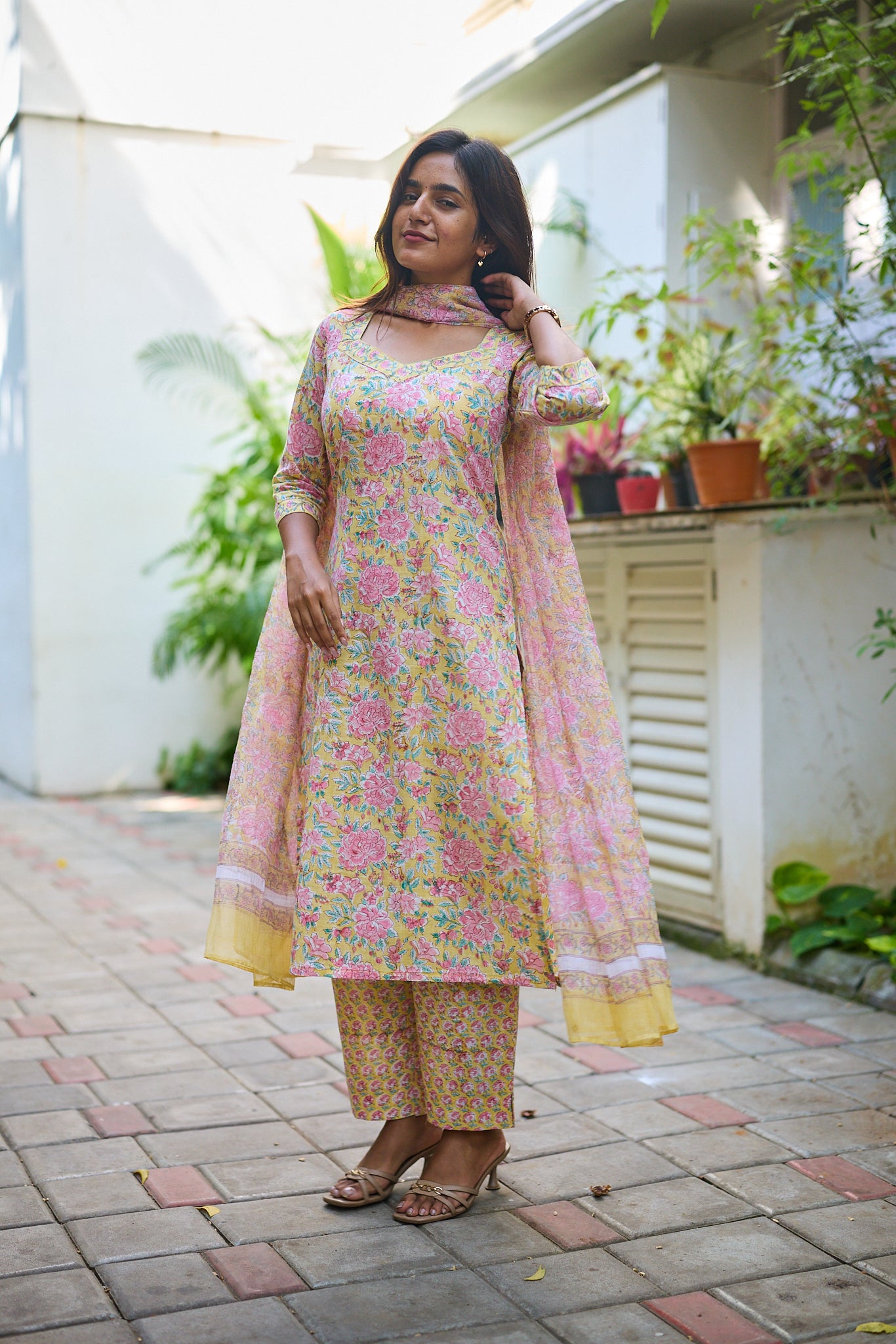 Light Canary Yellow with Pink Floral-block Print Cotton Salwar Suit Set  with Kota dupatta