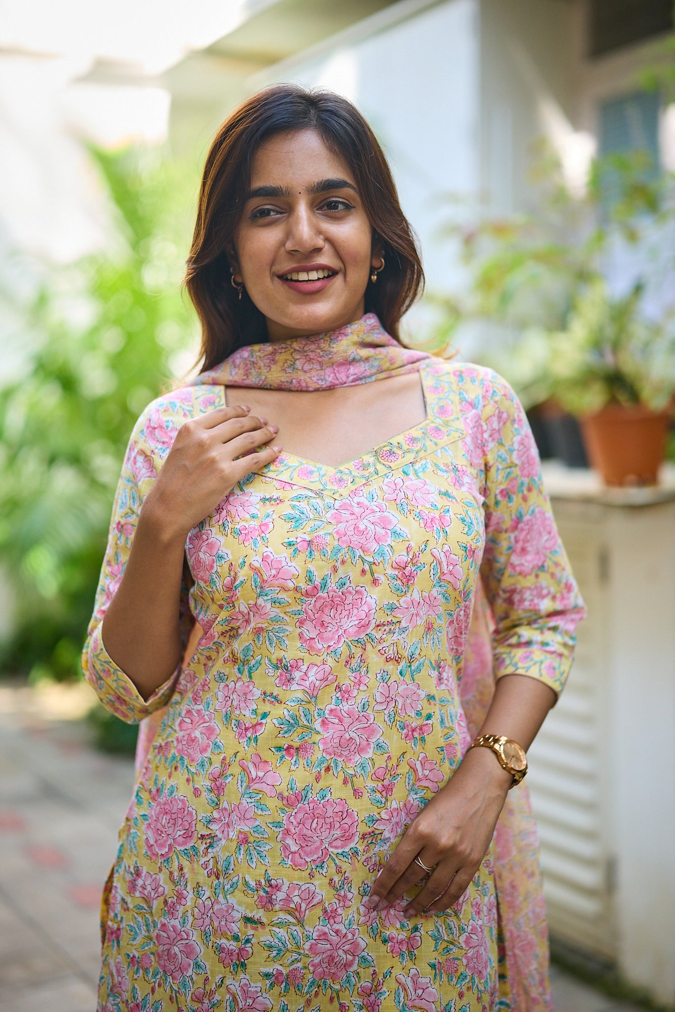 Light Canary Yellow with Pink Floral-block Print Cotton Salwar Suit Set  with Kota dupatta