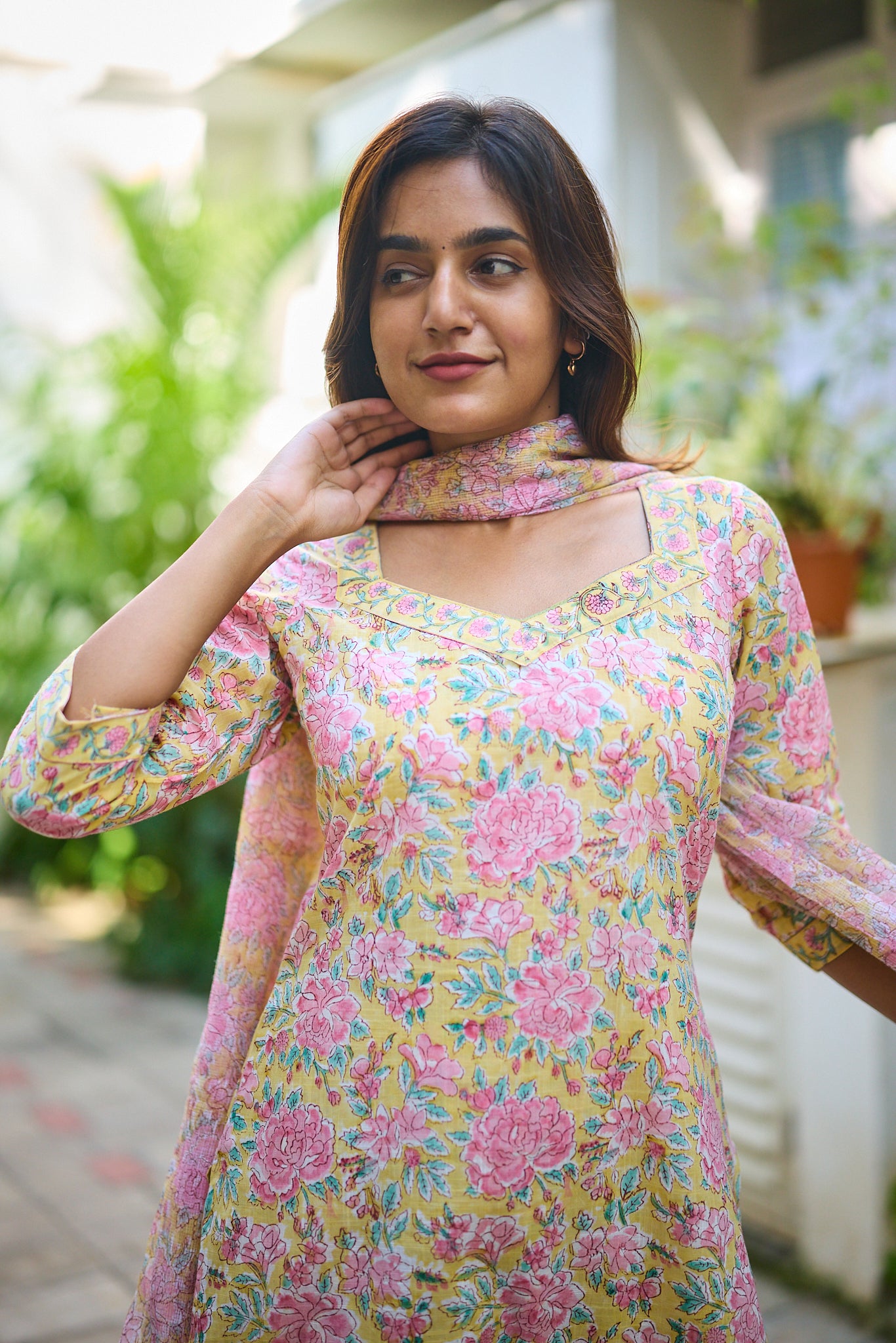 Light Canary Yellow with Pink Floral-block Print Cotton Salwar Suit Set  with Kota dupatta