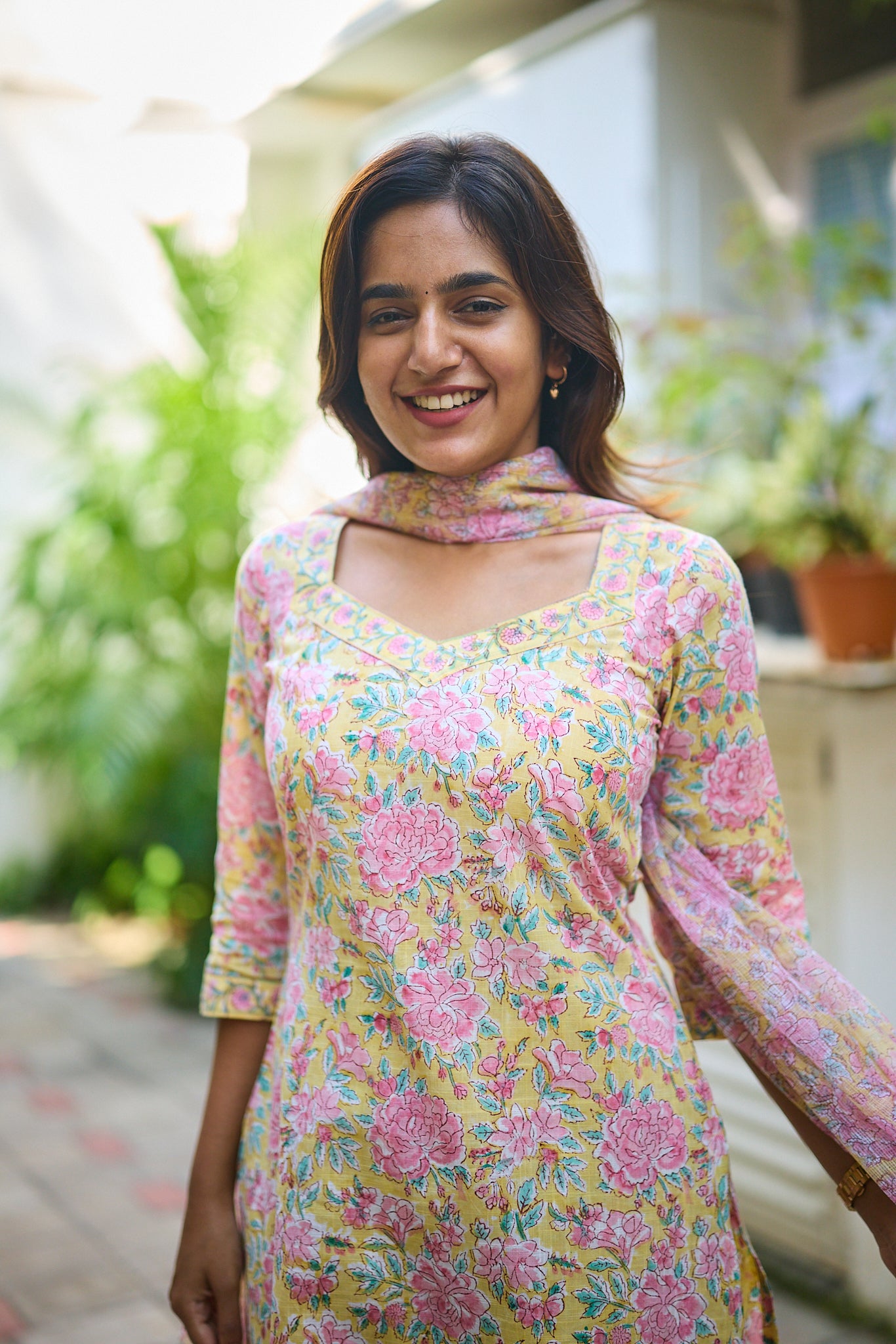 Light Canary Yellow with Pink Floral-block Print Cotton Salwar Suit Set  with Kota dupatta