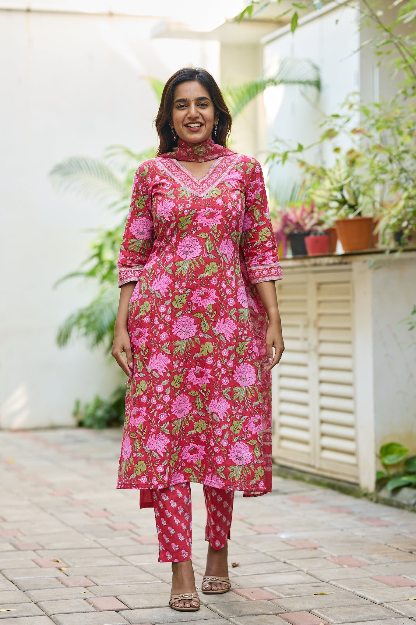 Candy Red with Pink floral Block Print Cotton  Salwar Suit Set with Kota Dupatta