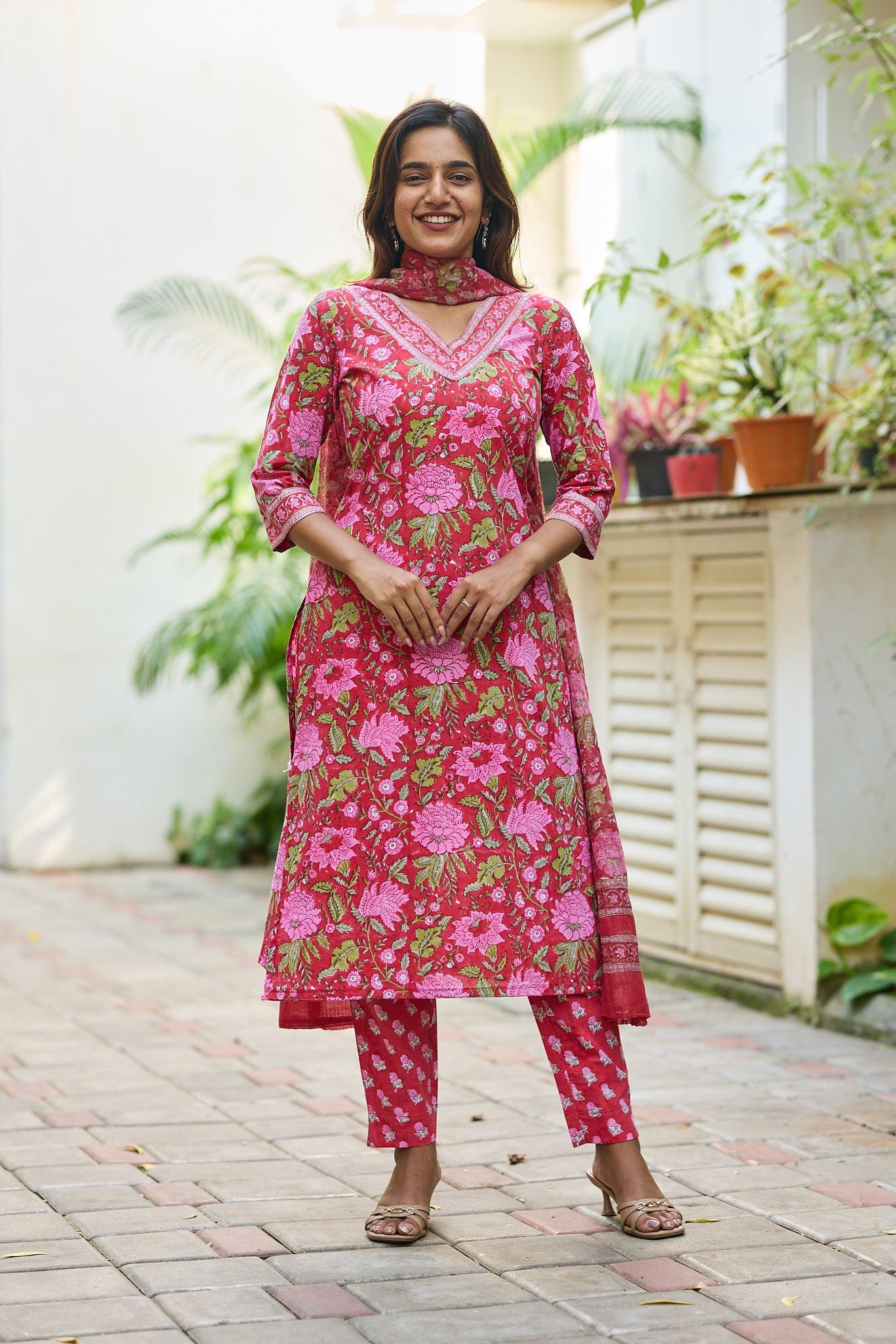Candy Red with Pink floral Block Print Cotton  Salwar Suit Set with Kota Dupatta