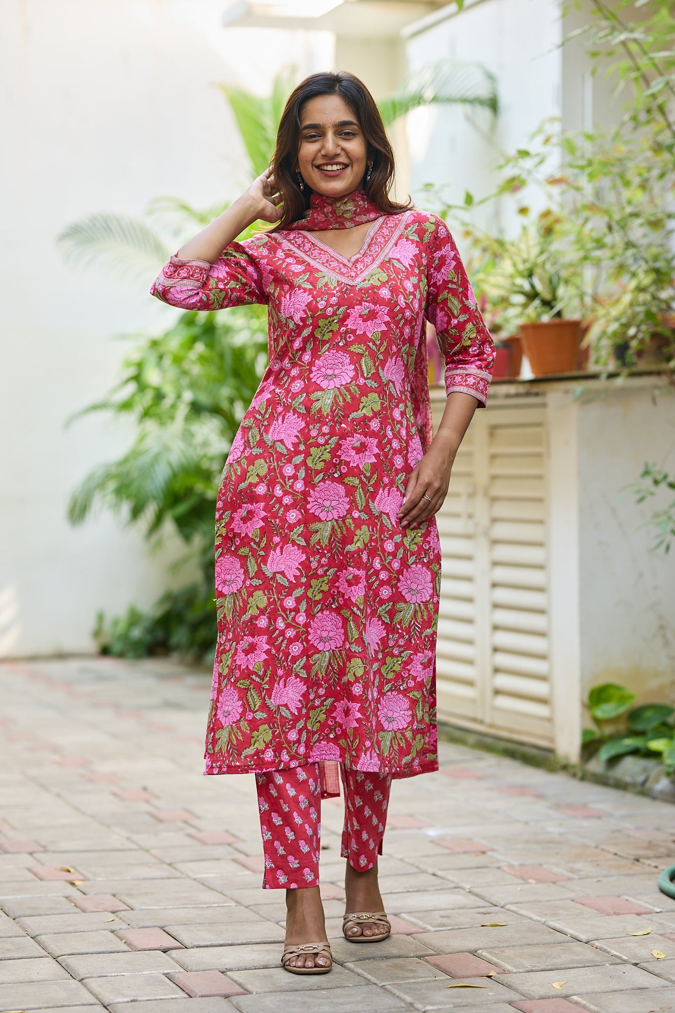Candy Red with Pink floral Block Print Cotton  Salwar Suit Set with Kota Dupatta