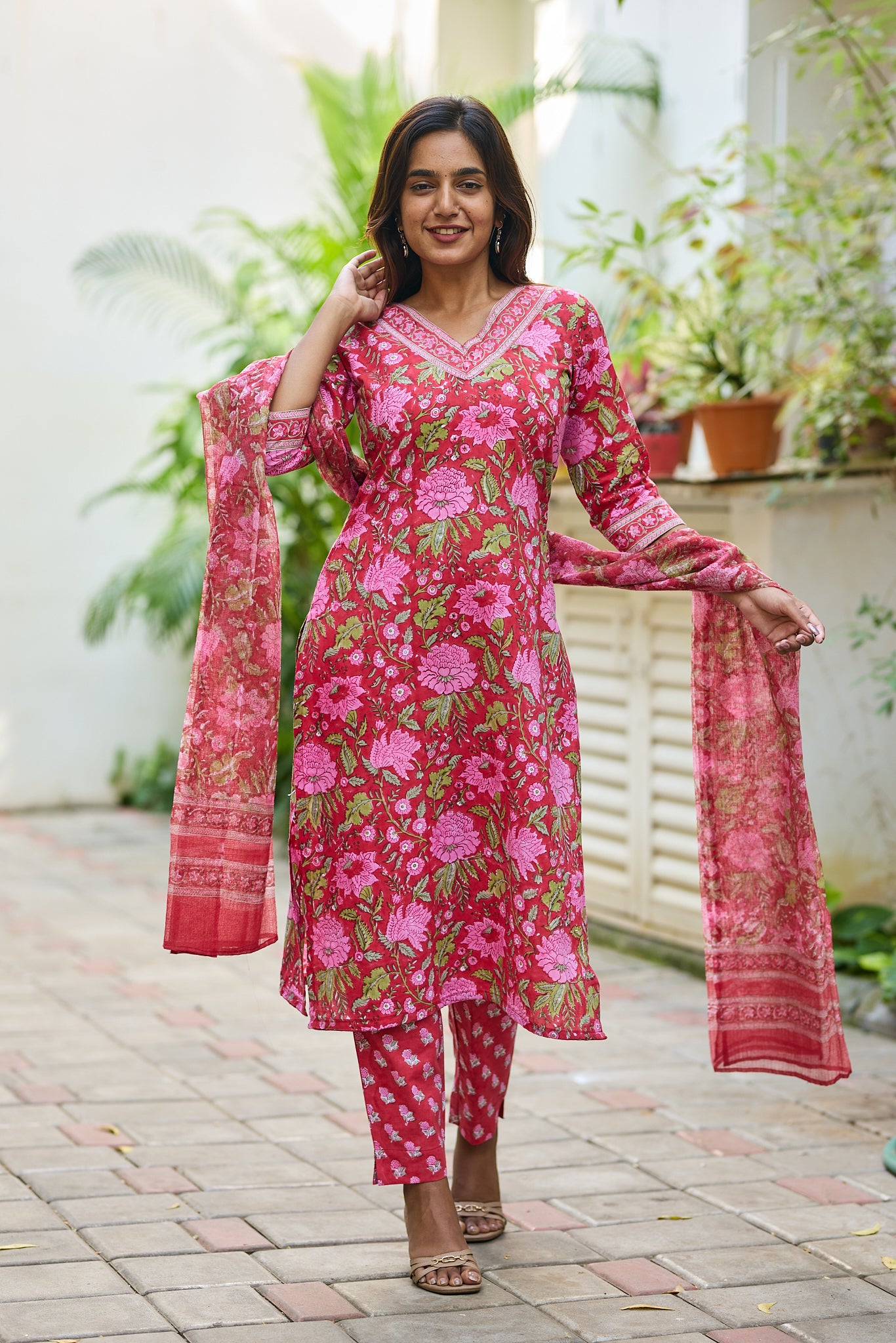 Candy Red with Pink floral Block Print Cotton  Salwar Suit Set with Kota Dupatta