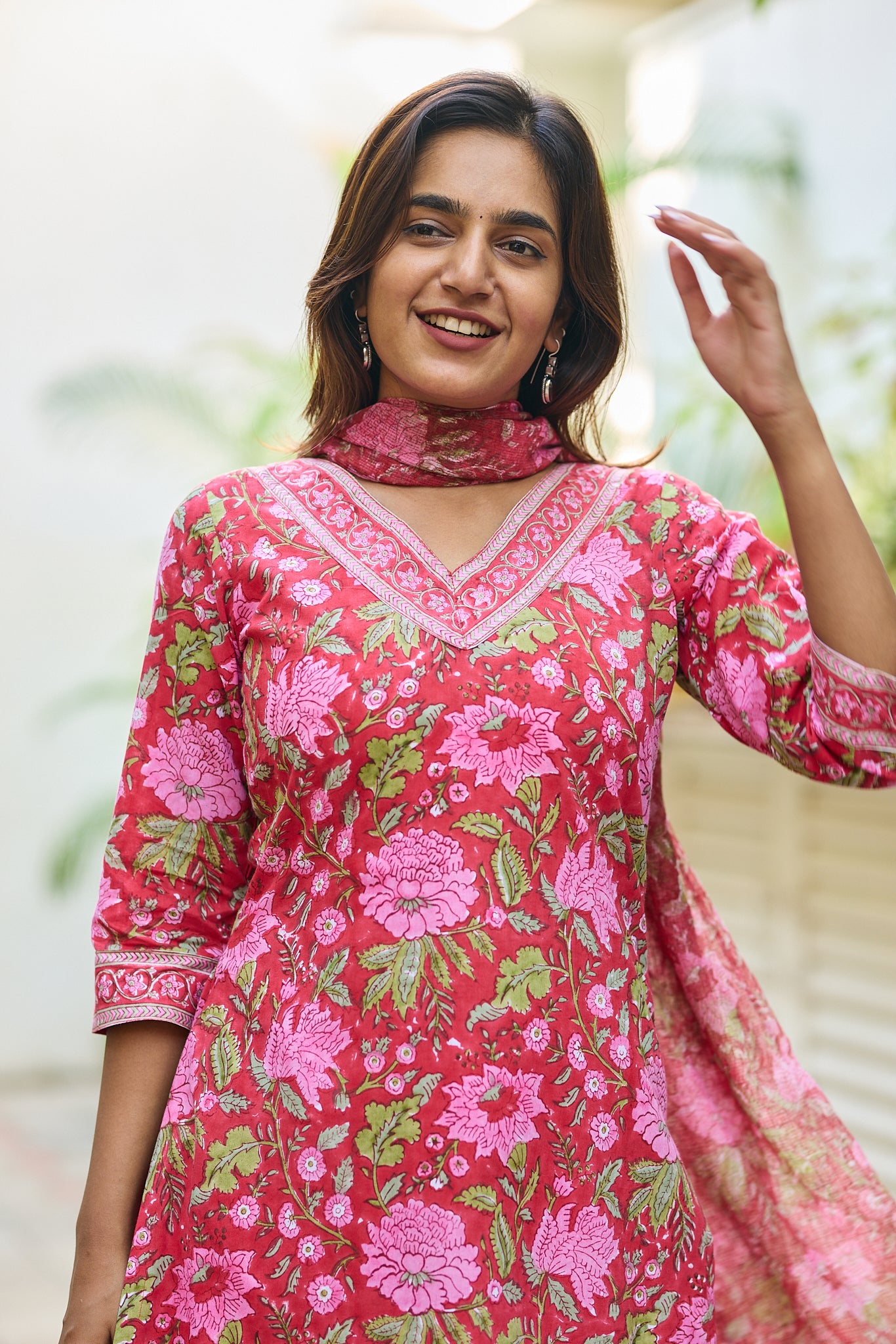 Candy Red with Pink floral Block Print Cotton  Salwar Suit Set with Kota Dupatta