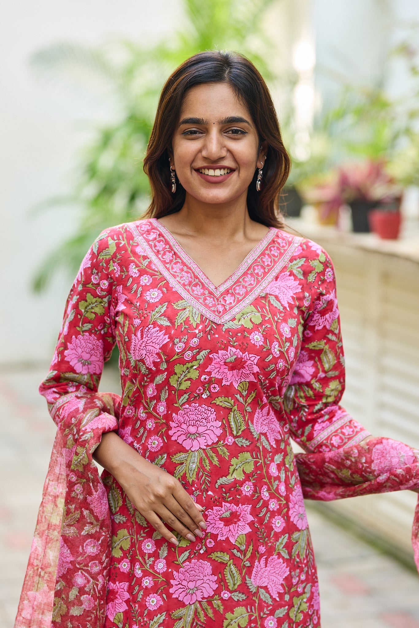 Candy Red with Pink floral Block Print Cotton  Salwar Suit Set with Kota Dupatta