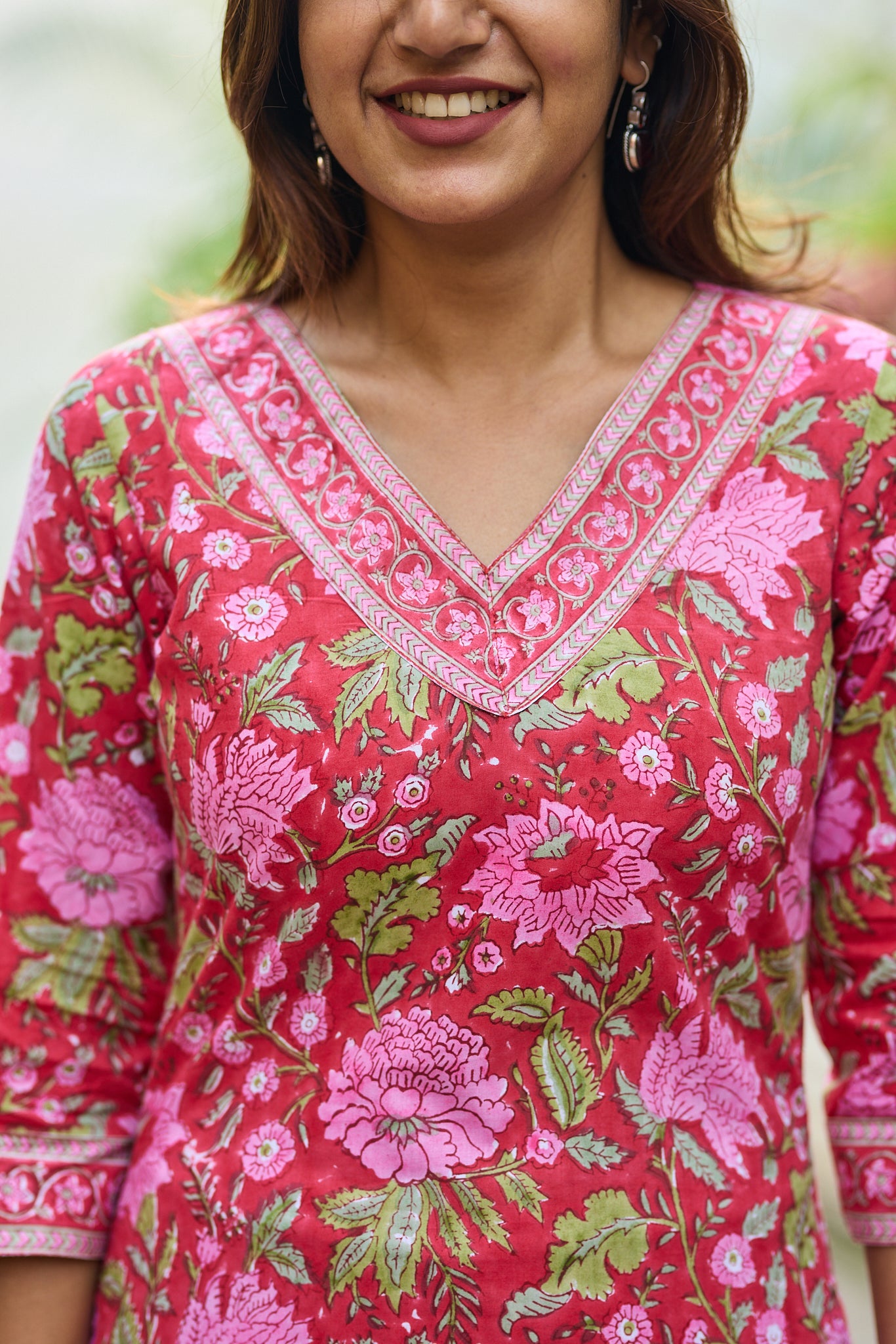 Candy Red with Pink floral Block Print Cotton  Salwar Suit Set with Kota Dupatta