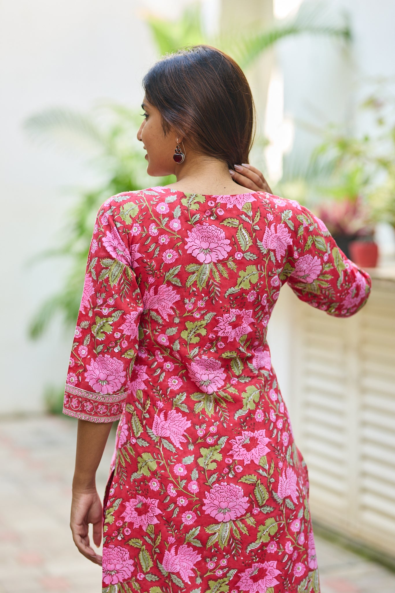 Candy Red with Pink floral Block Print Cotton  Salwar Suit Set with Kota Dupatta