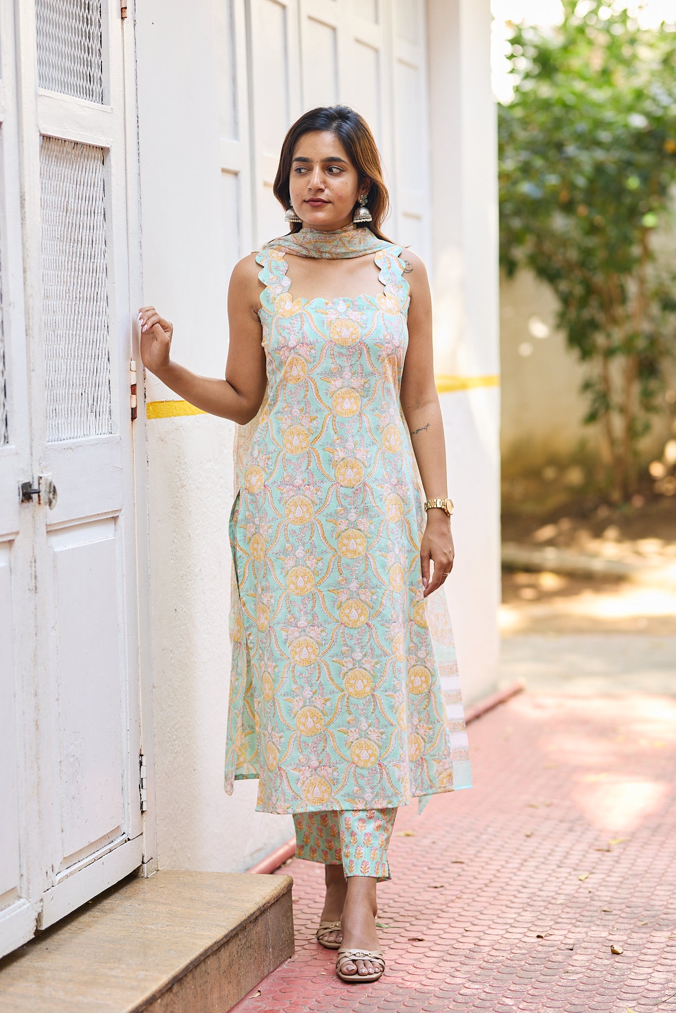 Aqua Pastel Mint Floral Block Printed Cotton Salwar Suit Set with Kota Dupatta