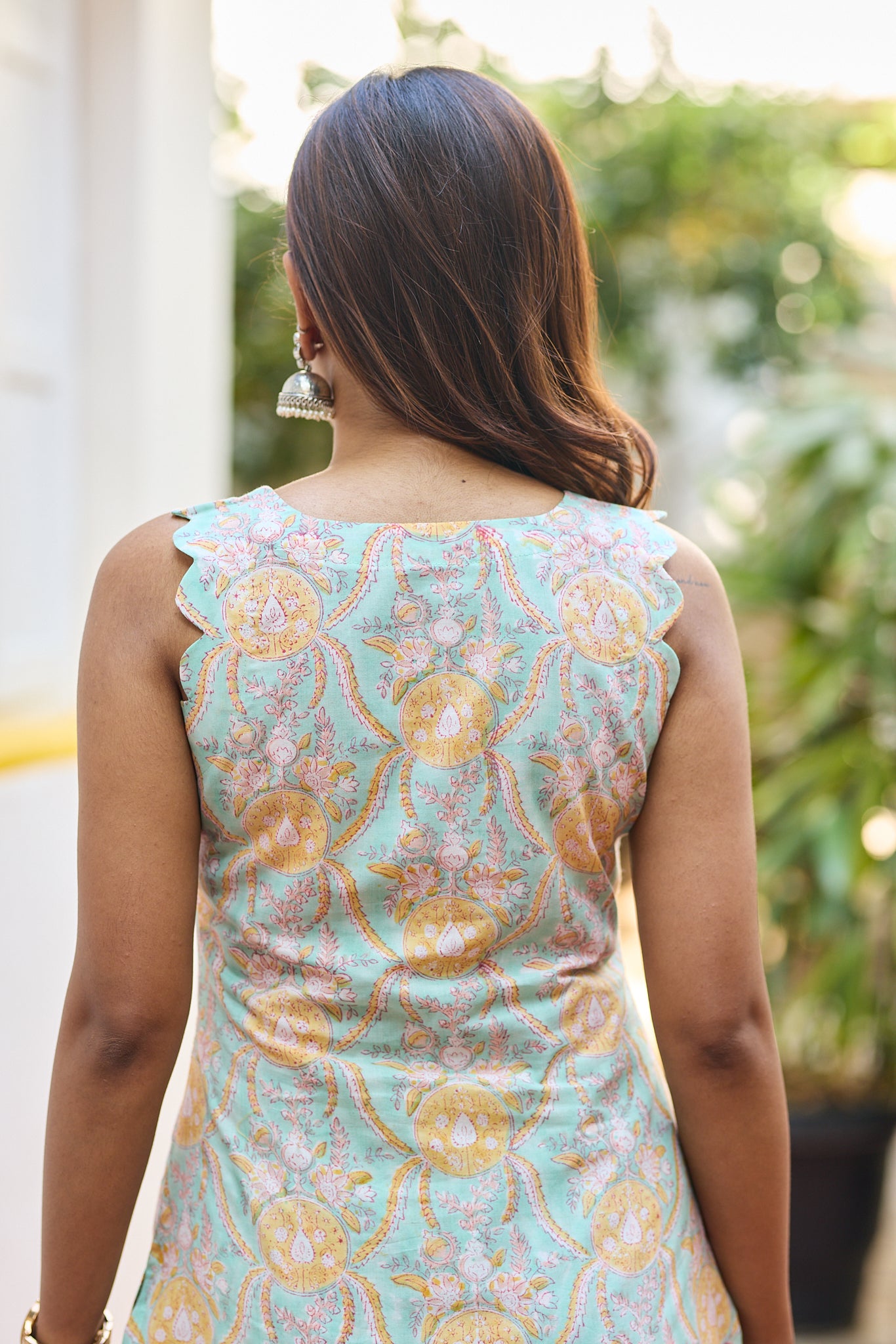 Aqua Pastel Mint Floral Block Printed Cotton Salwar Suit Set with Kota Dupatta