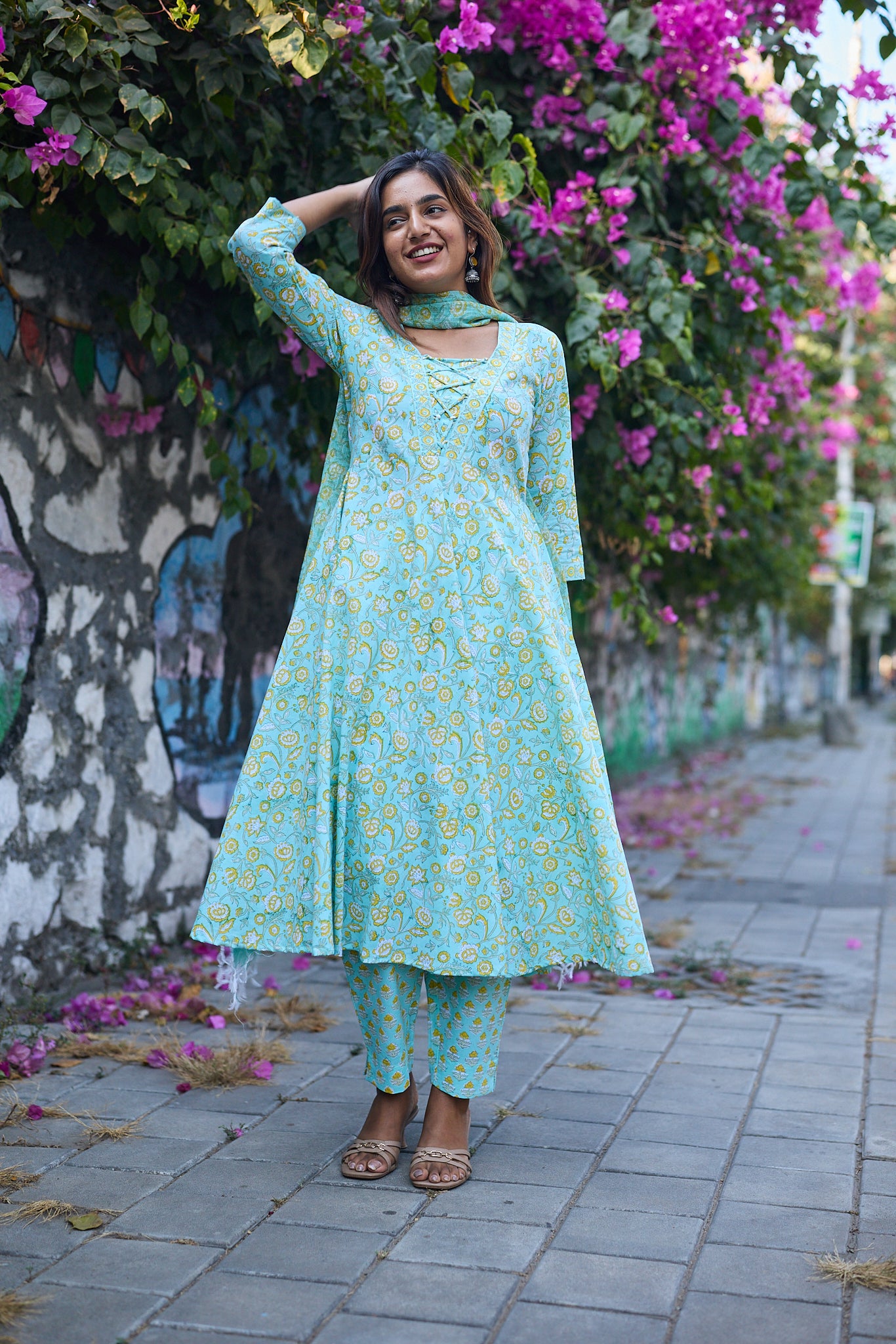 Pastel Mint with Yellow Floral Block Printed Anarkali Cotton Salwar Suit Set with Kota Dupatta
