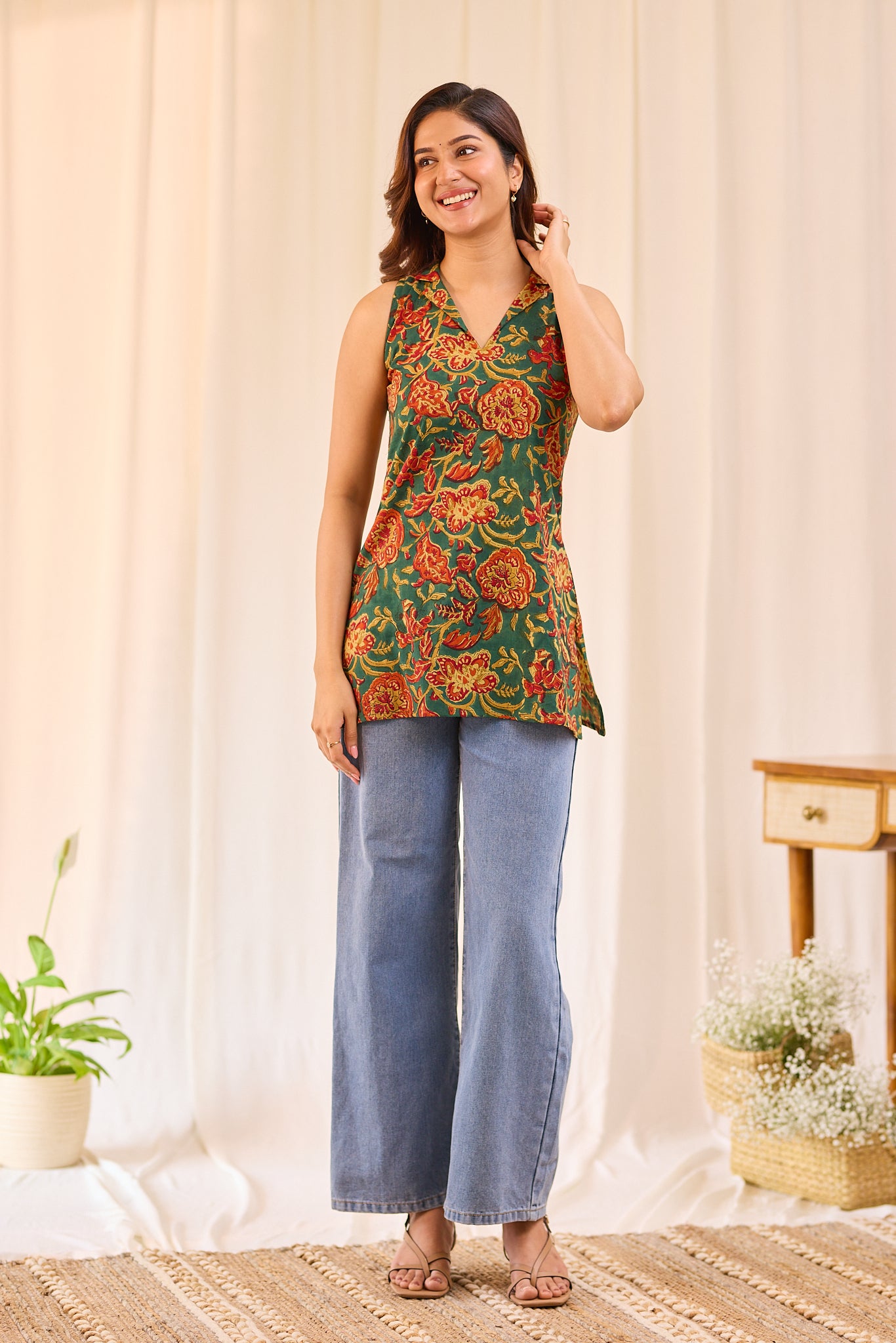 Floral Dark Green  printed Sleeveless Short Kurti