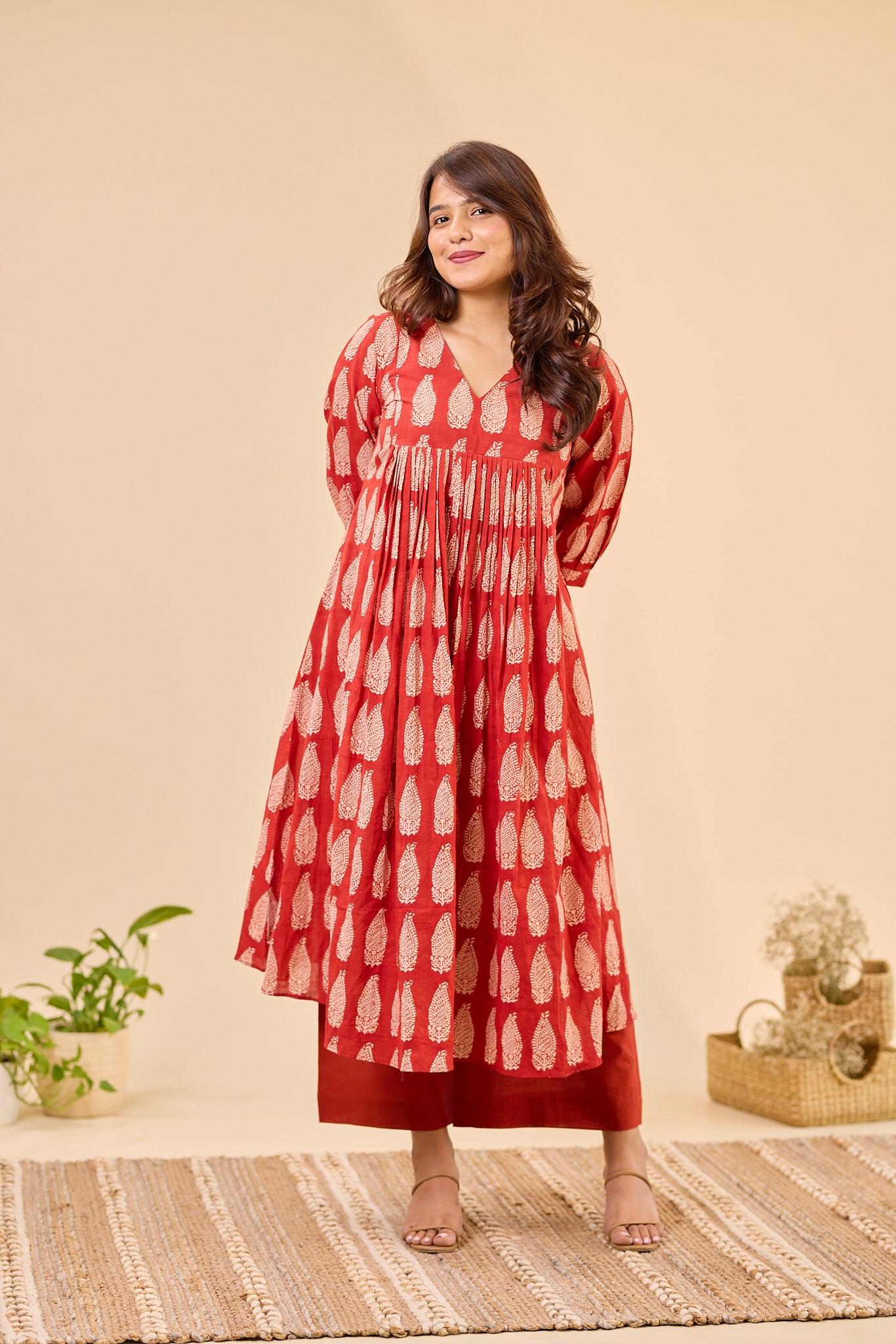 Maroon Bagru Handblock Printed Flared Loose Fit Kurti