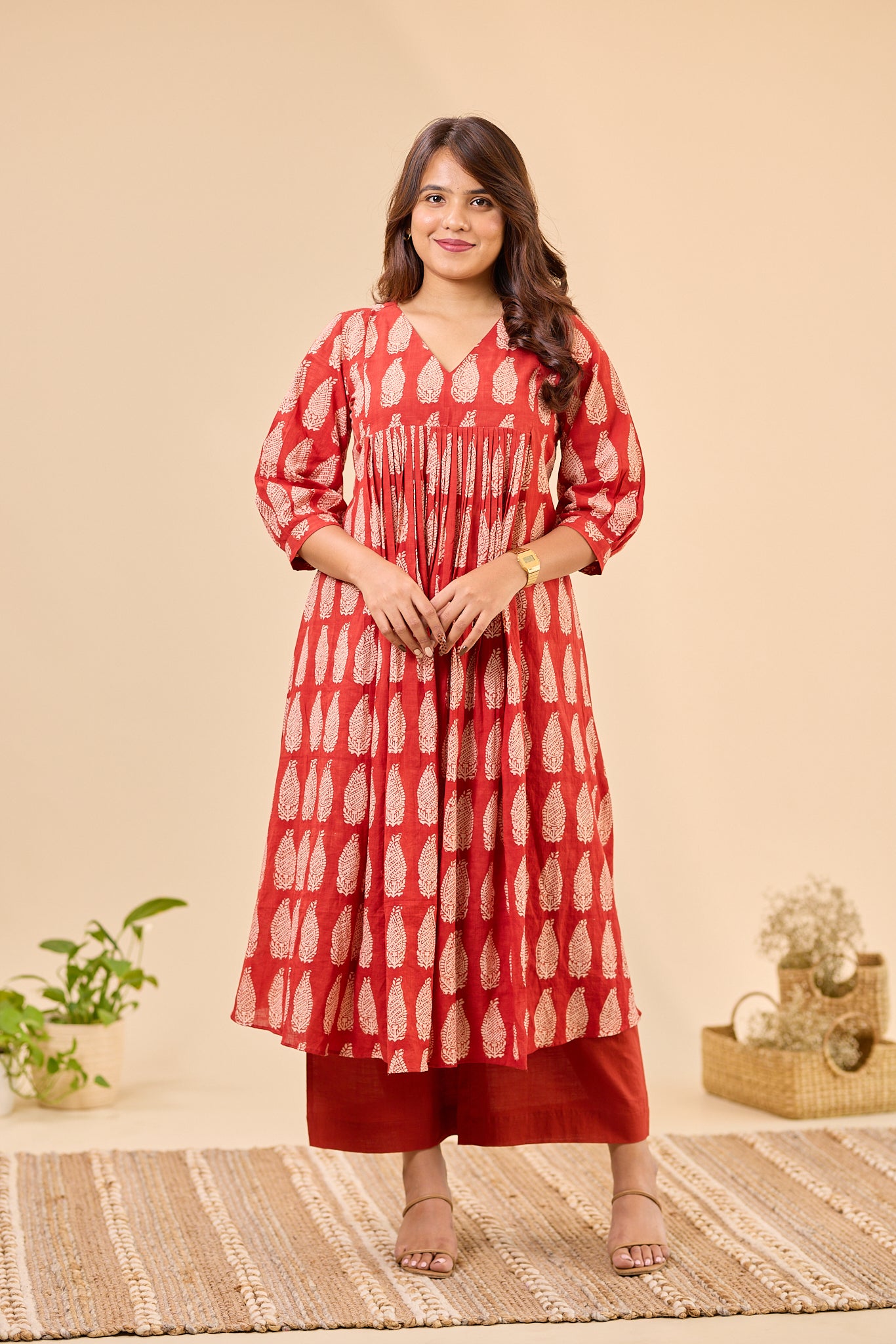 Maroon Bagru Handblock Printed Flared Loose Fit Kurti
