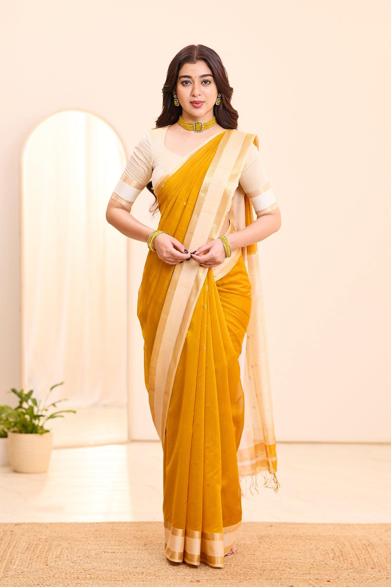 Antique Mustard Maheshwari Silk Cotton Saree