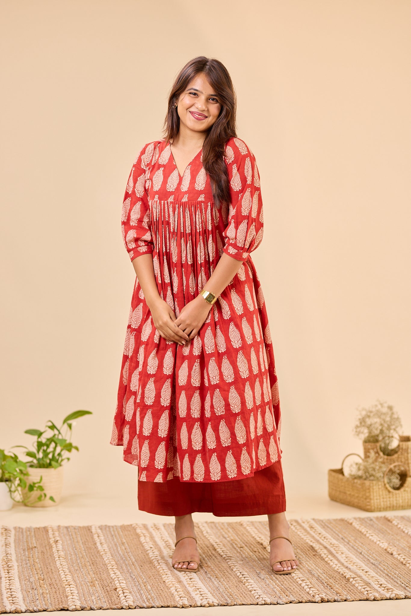 Maroon Bagru Handblock Printed Flared Loose Fit Kurti