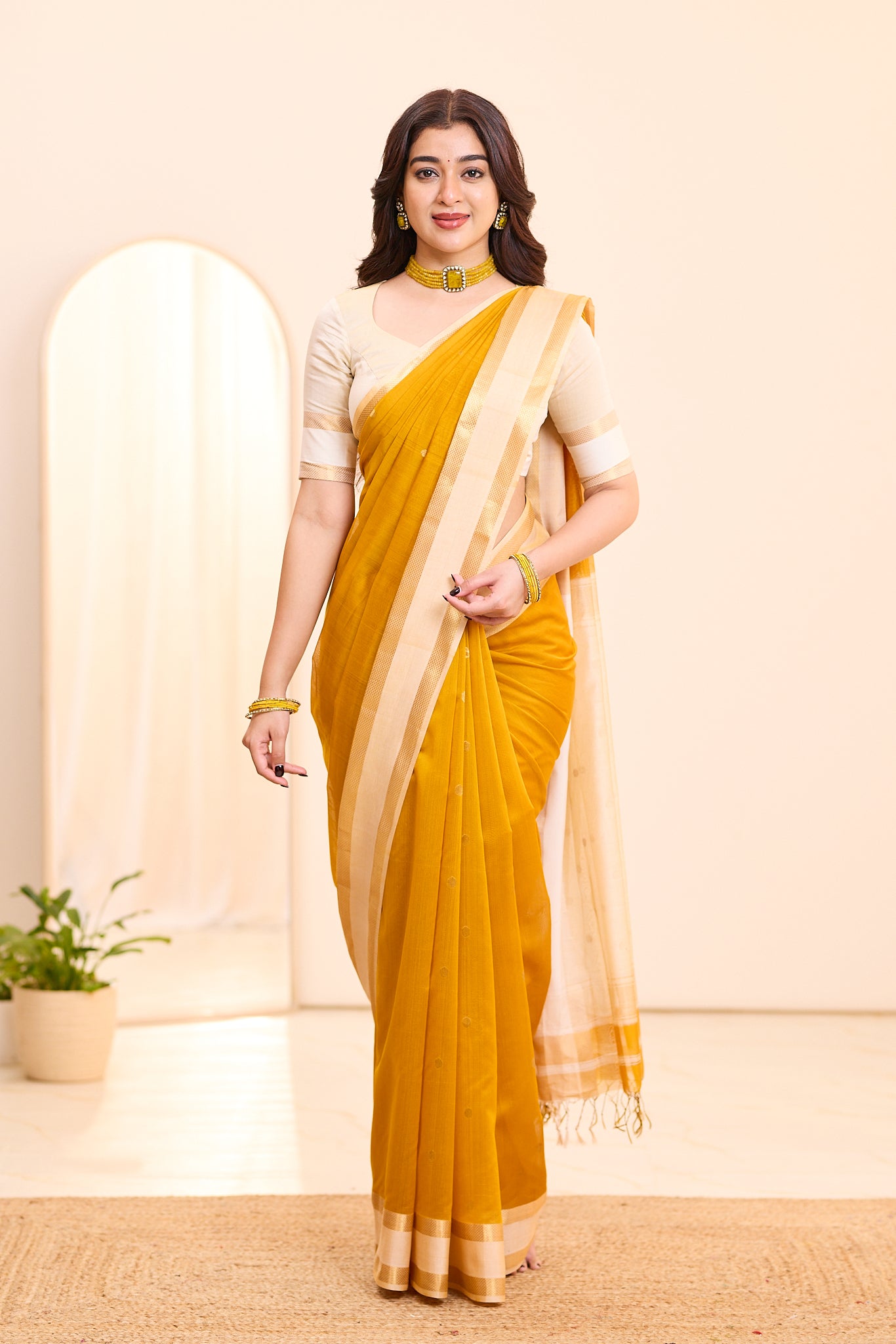 Antique Mustard Maheshwari Silk Cotton Saree