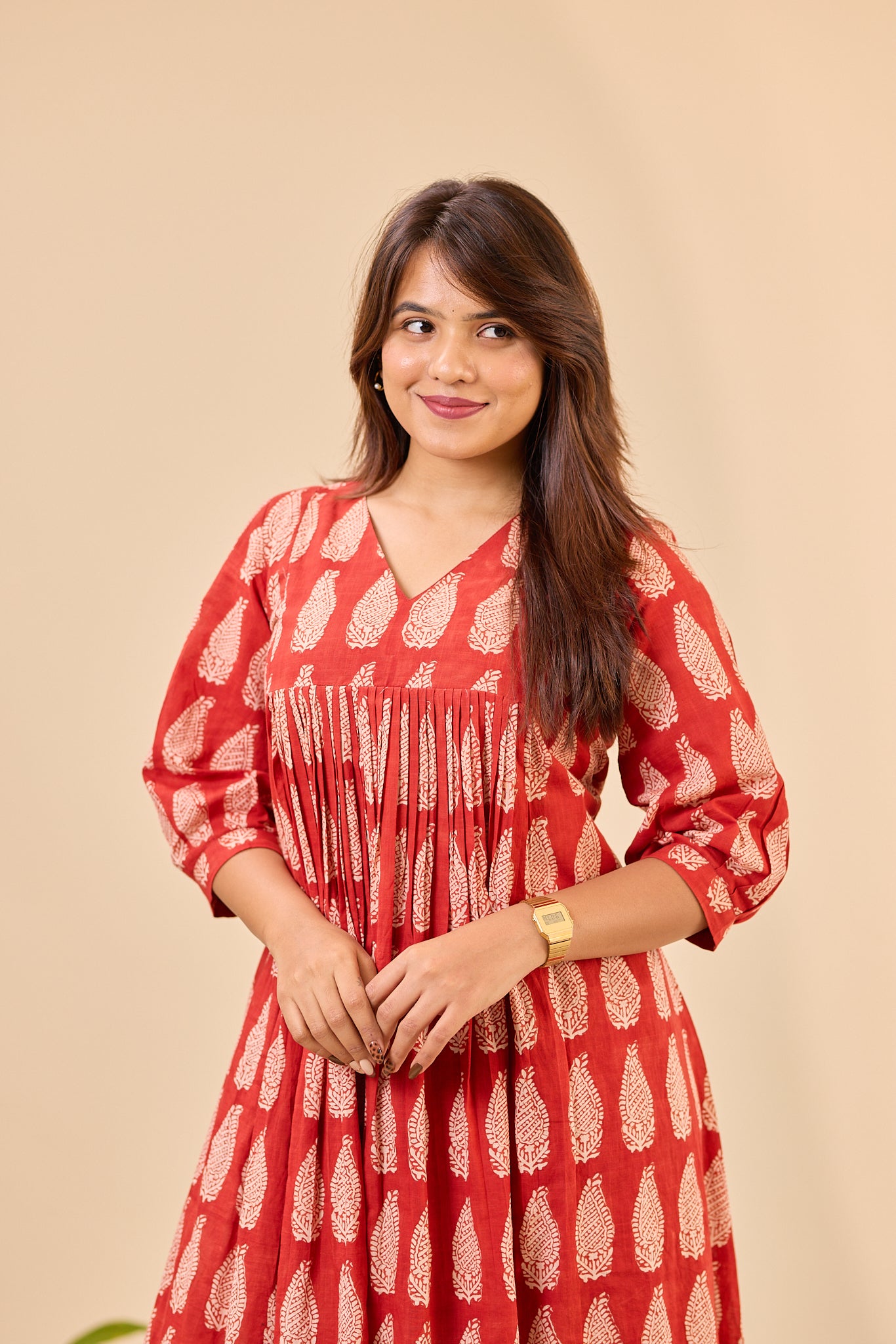Maroon Bagru Handblock Printed Flared Loose Fit Kurti