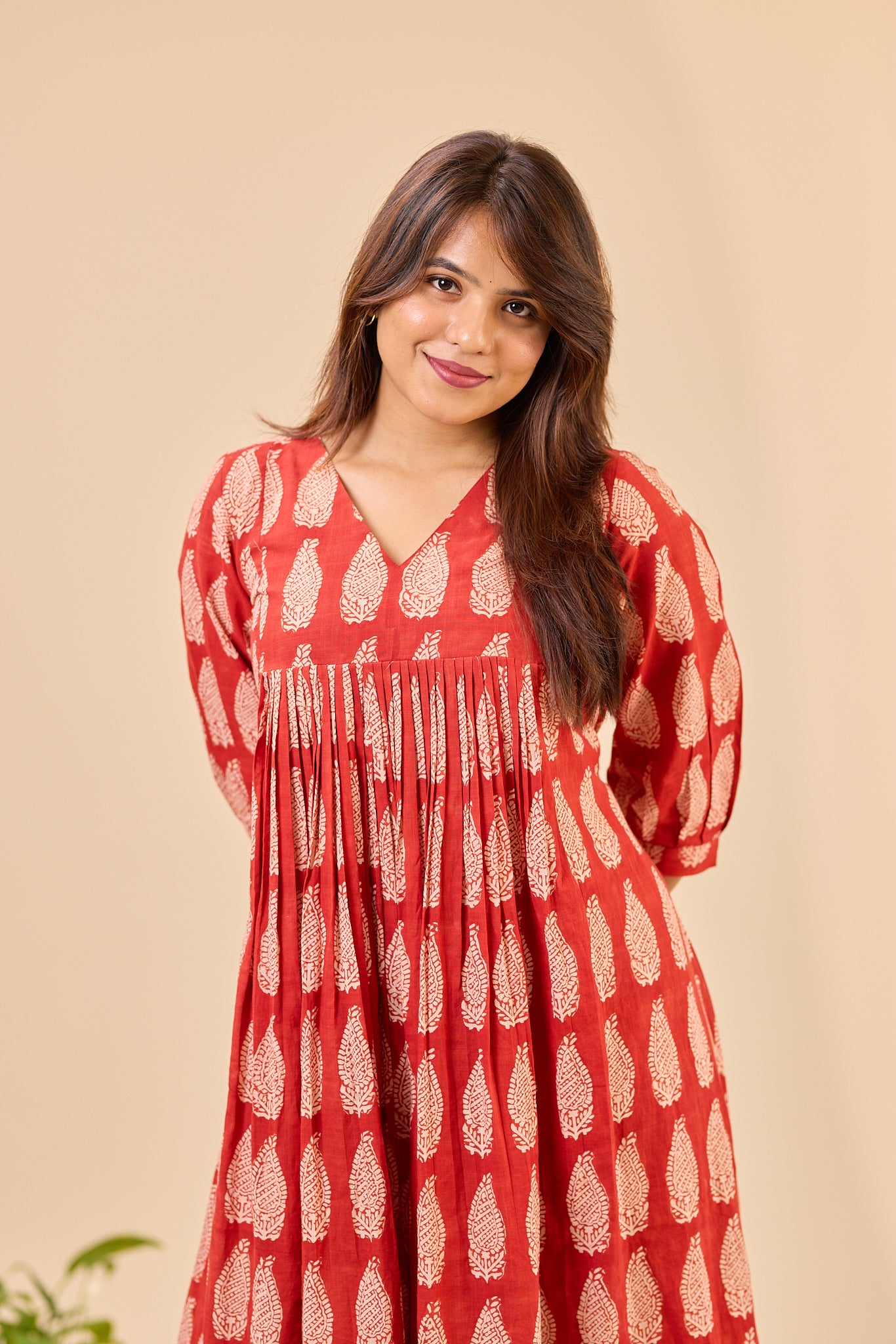 Maroon Bagru Handblock Printed Flared Loose Fit Kurti