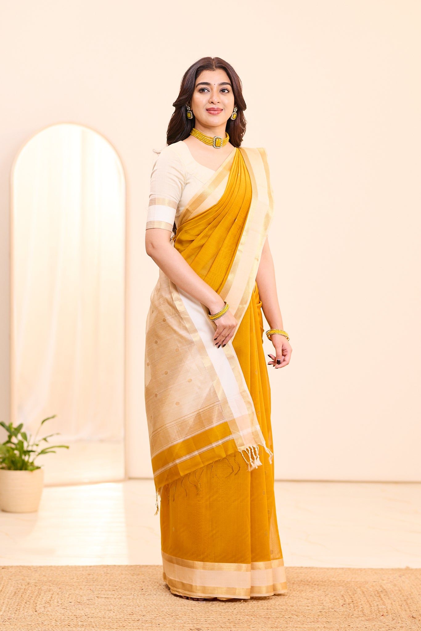 Antique Mustard Maheshwari Silk Cotton Saree