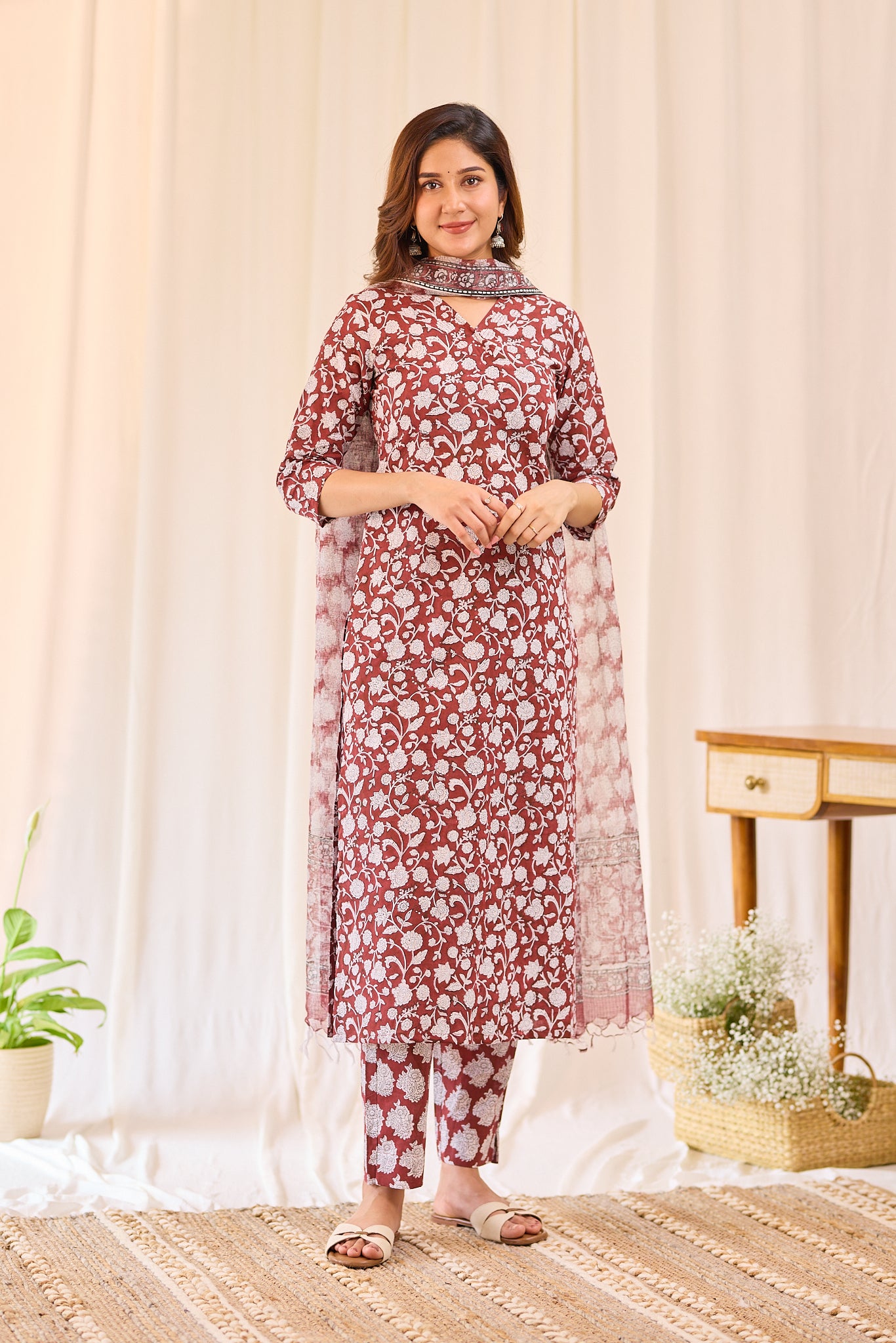 Dark maroon Floral Block Printed Cotton Suit Set with Kota Dupatta