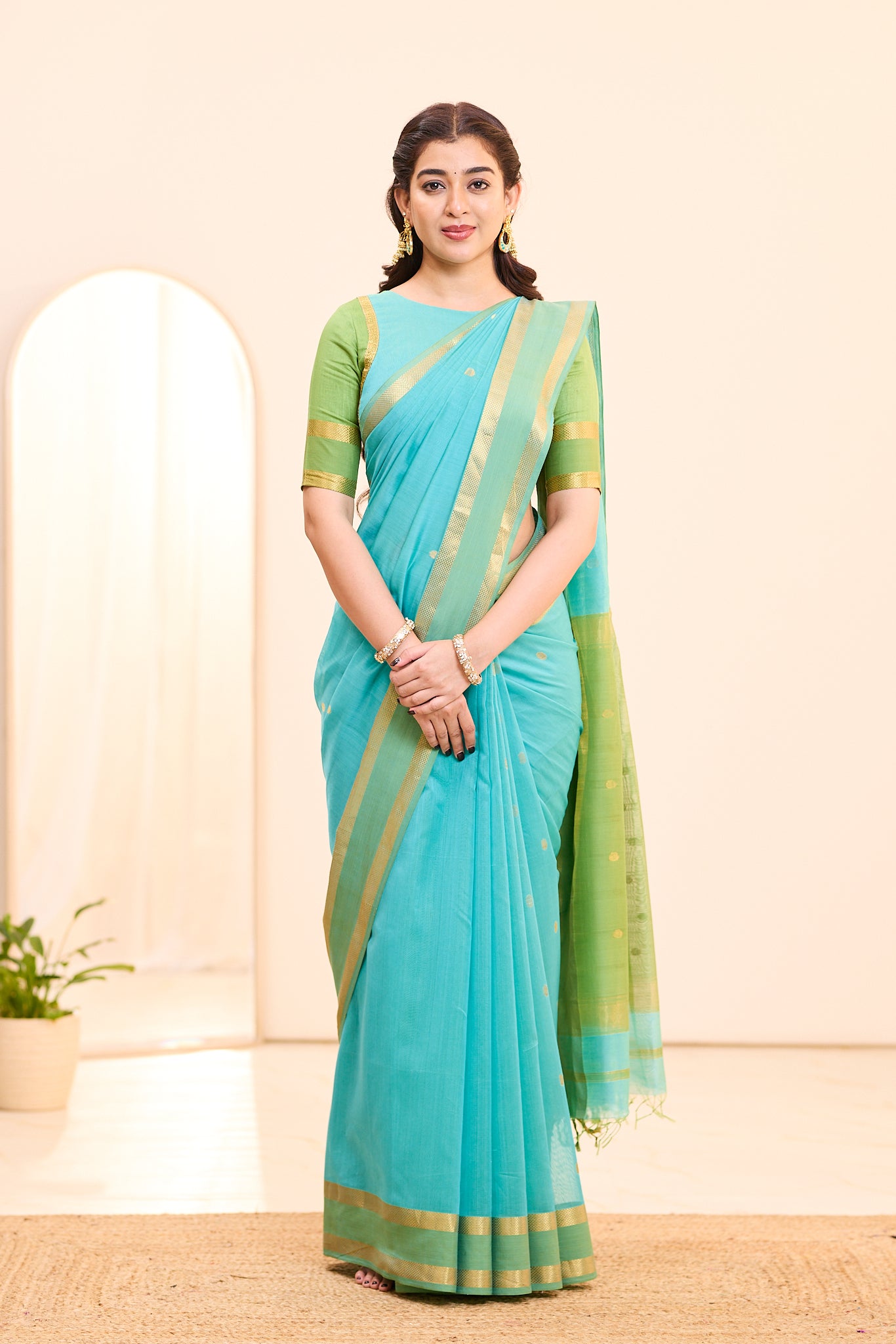 Tropical Aqua Maheshwari Silk Cotton Saree