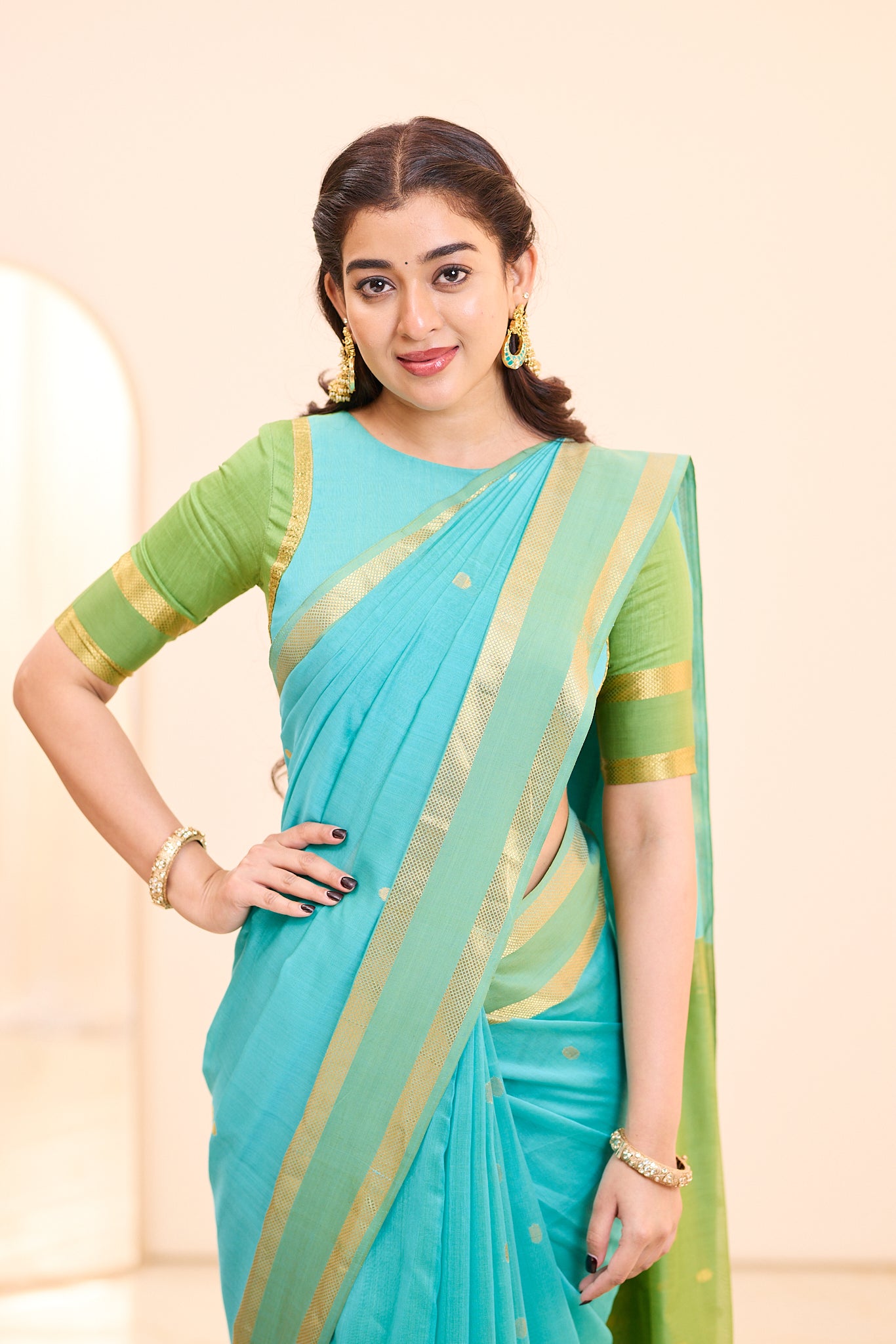 Tropical Aqua Maheshwari Silk Cotton Saree