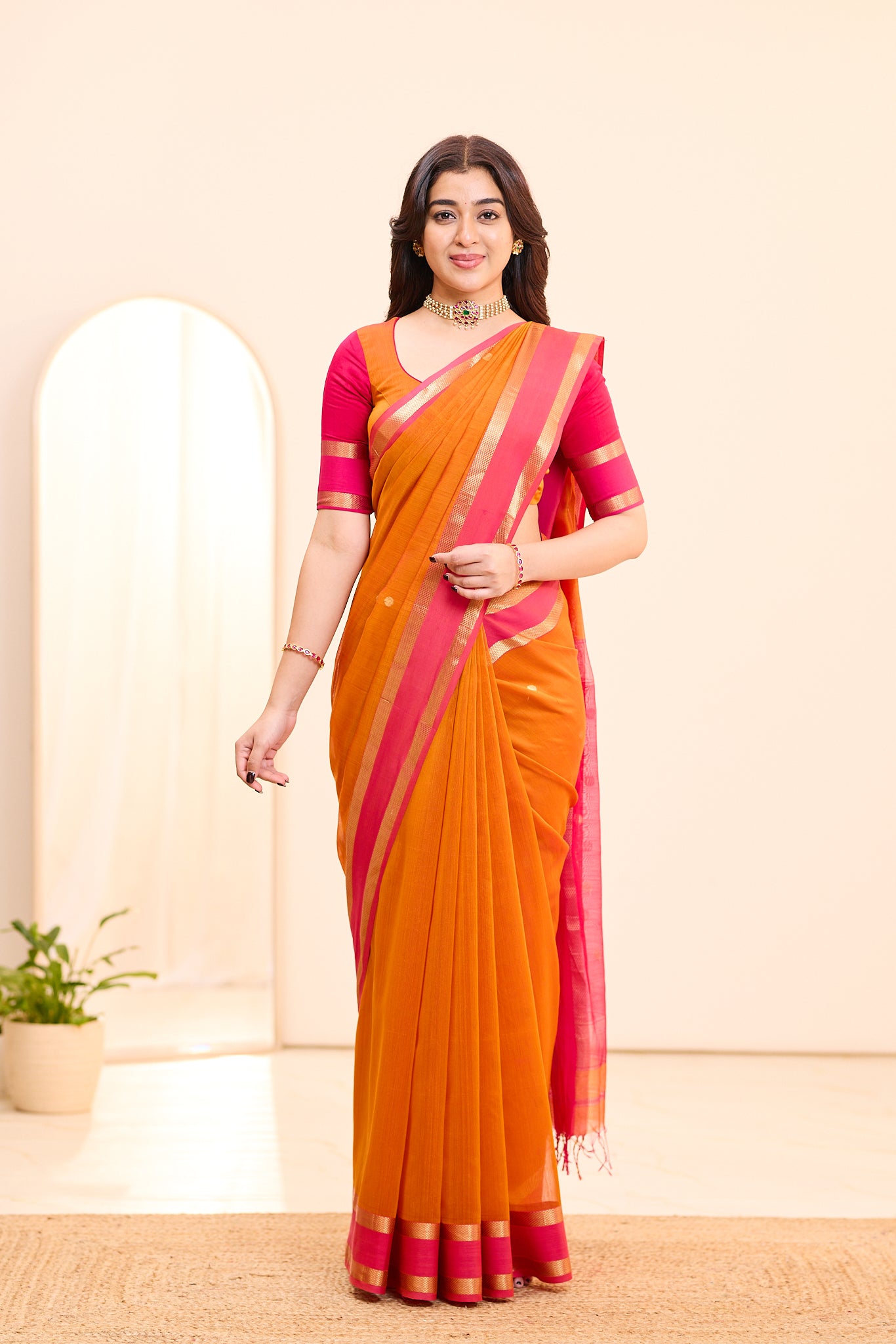 Sunset Orange Maheshwari Silk Cotton Saree