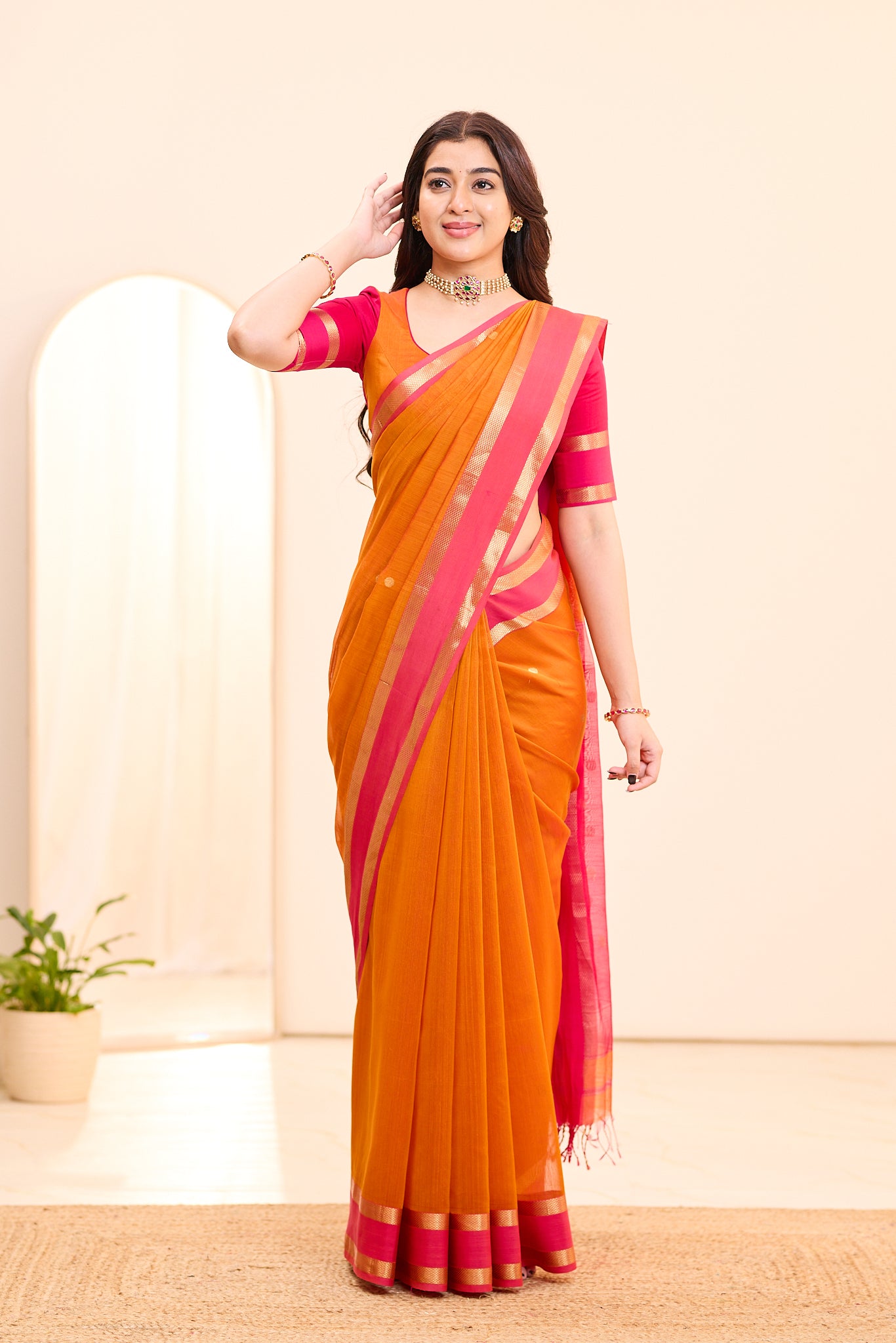 Sunset Orange Maheshwari Silk Cotton Saree