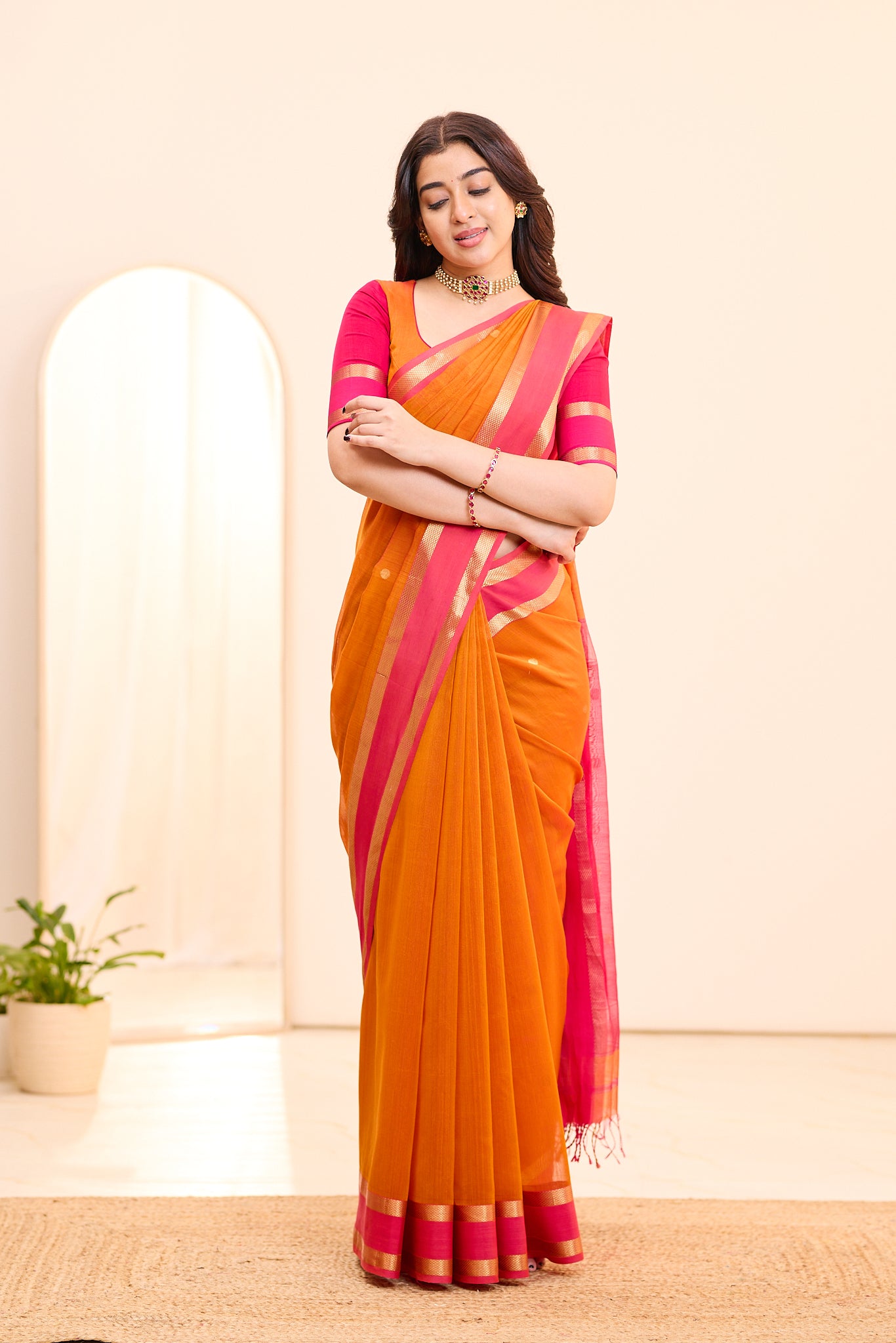 Sunset Orange Maheshwari Silk Cotton Saree