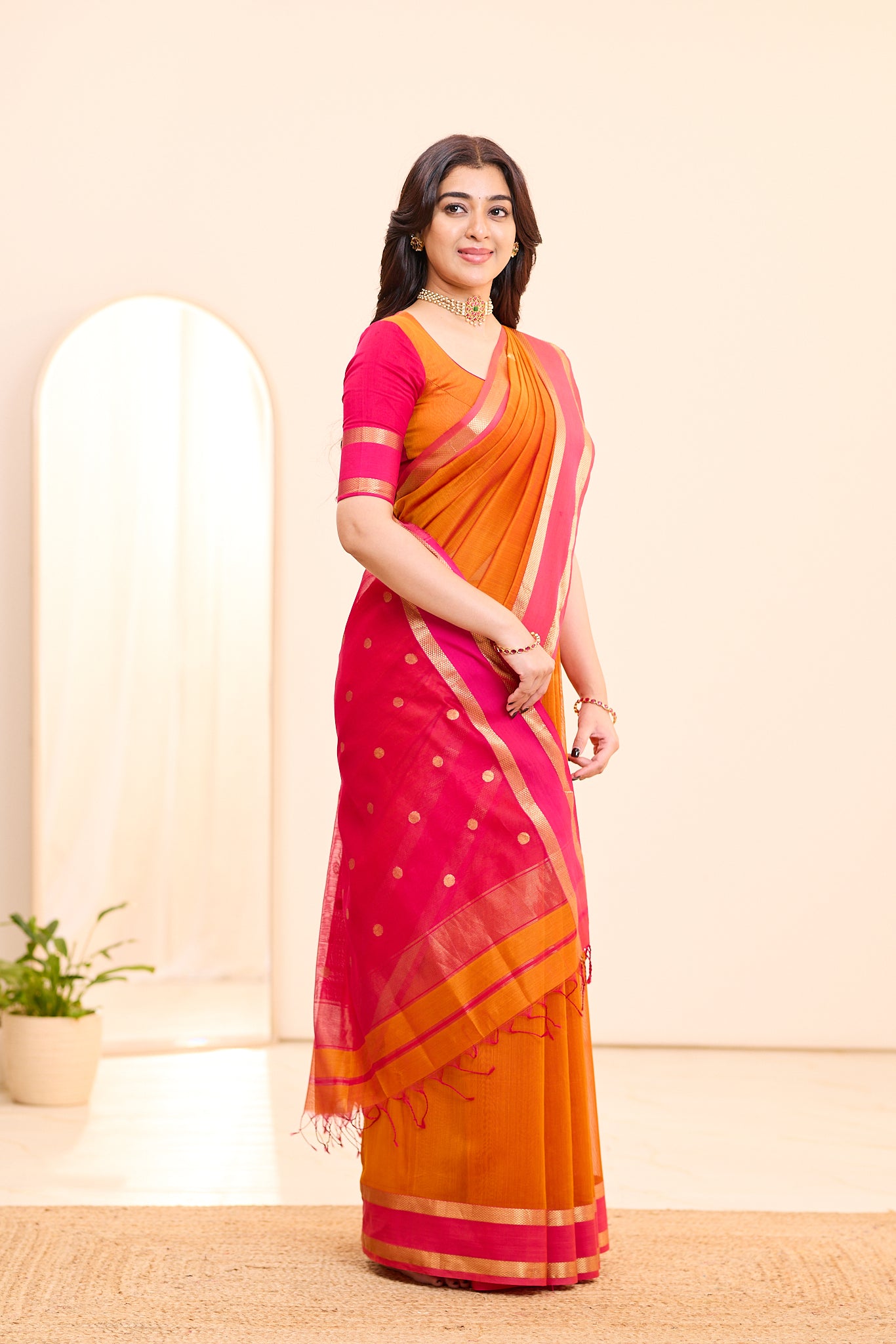 Sunset Orange Maheshwari Silk Cotton Saree