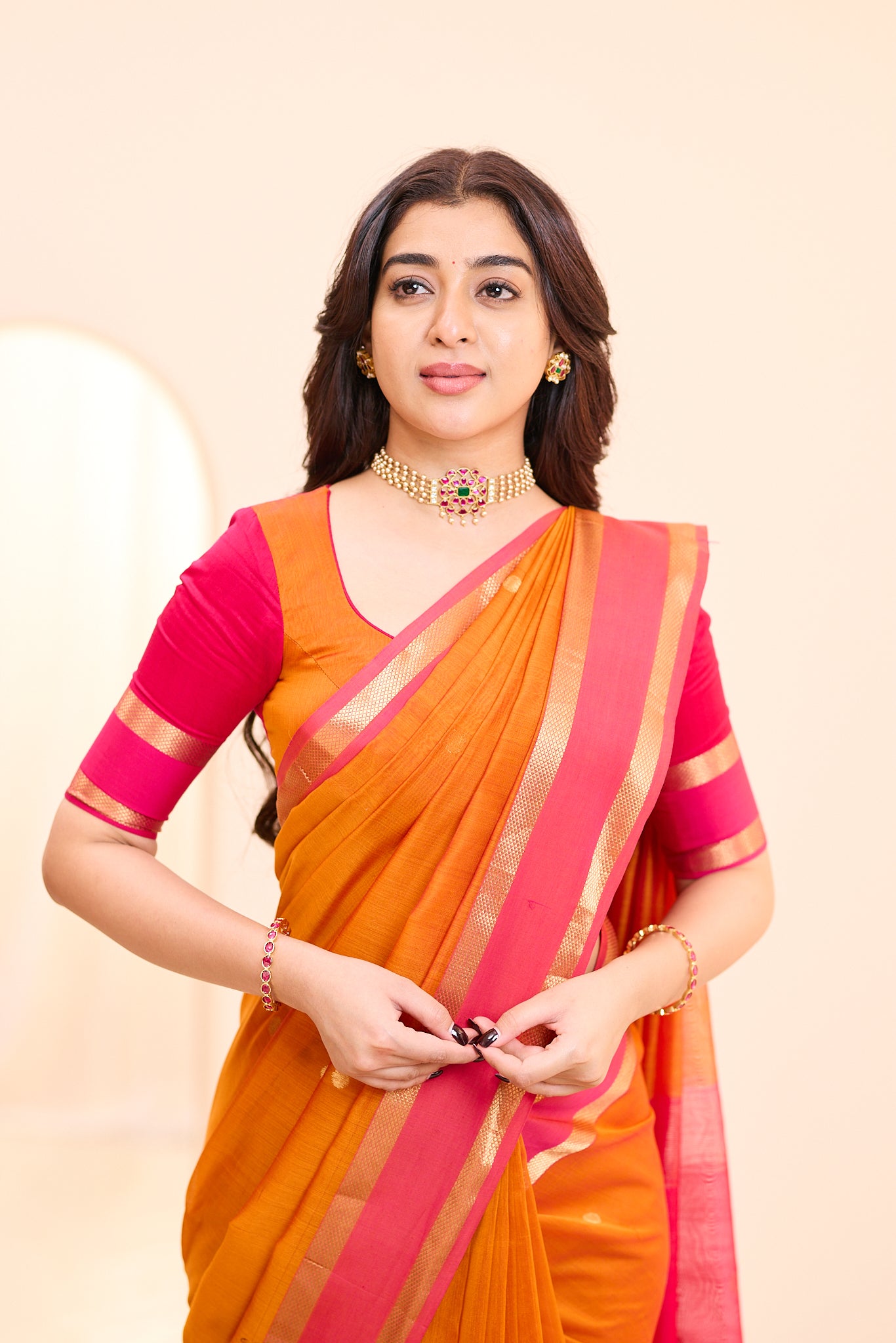 Sunset Orange Maheshwari Silk Cotton Saree