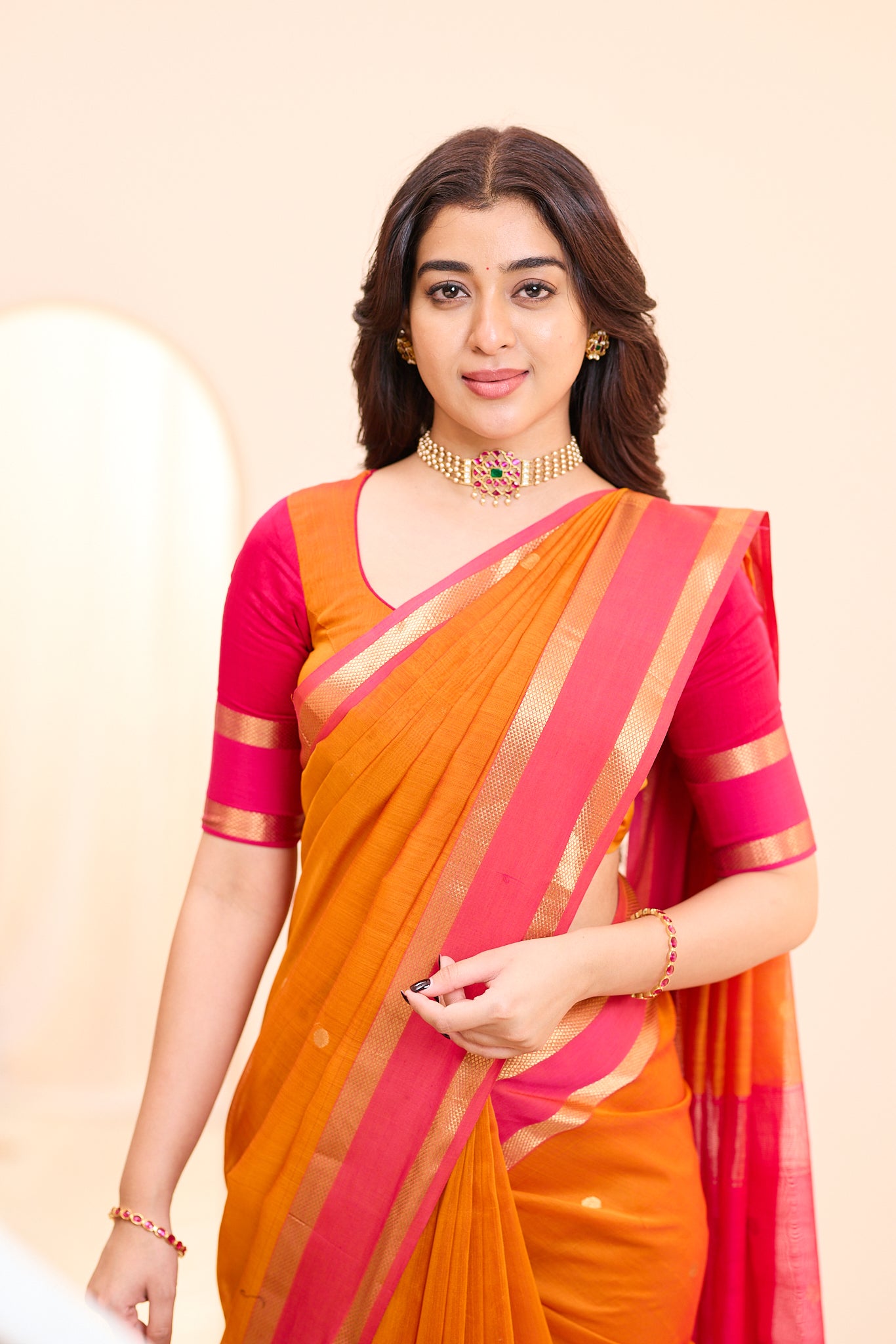 Sunset Orange Maheshwari Silk Cotton Saree