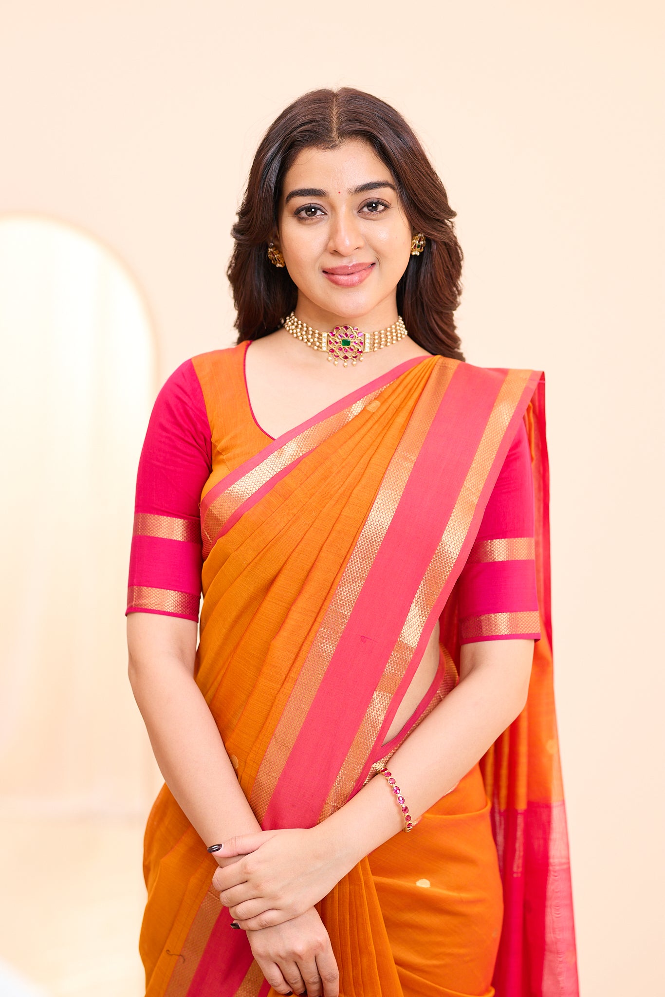 Sunset Orange Maheshwari Silk Cotton Saree