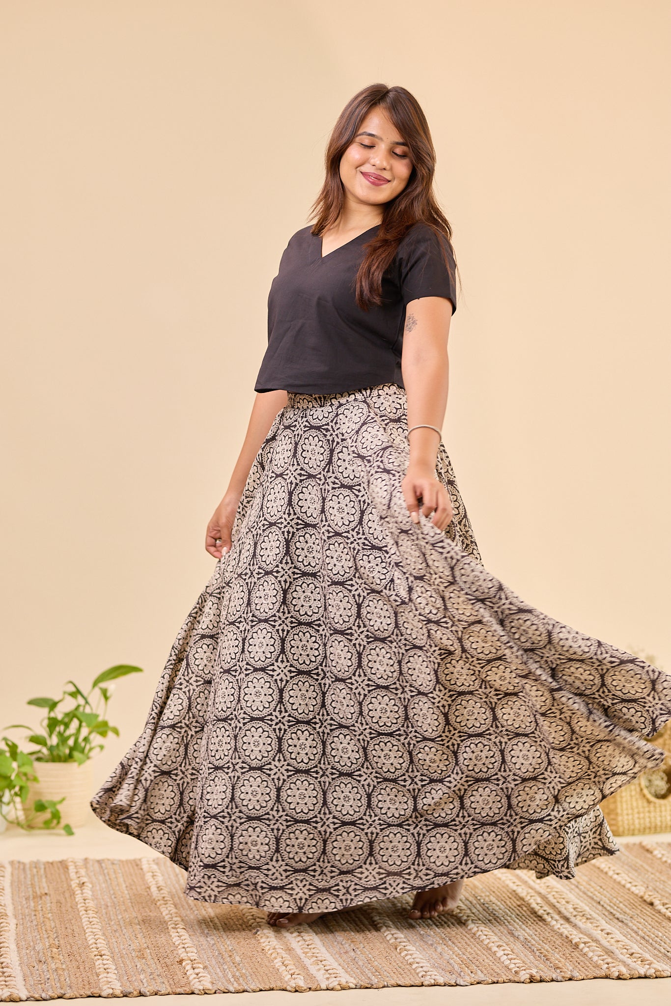 Black Bagru Hand - Block Printed Flared Skirt