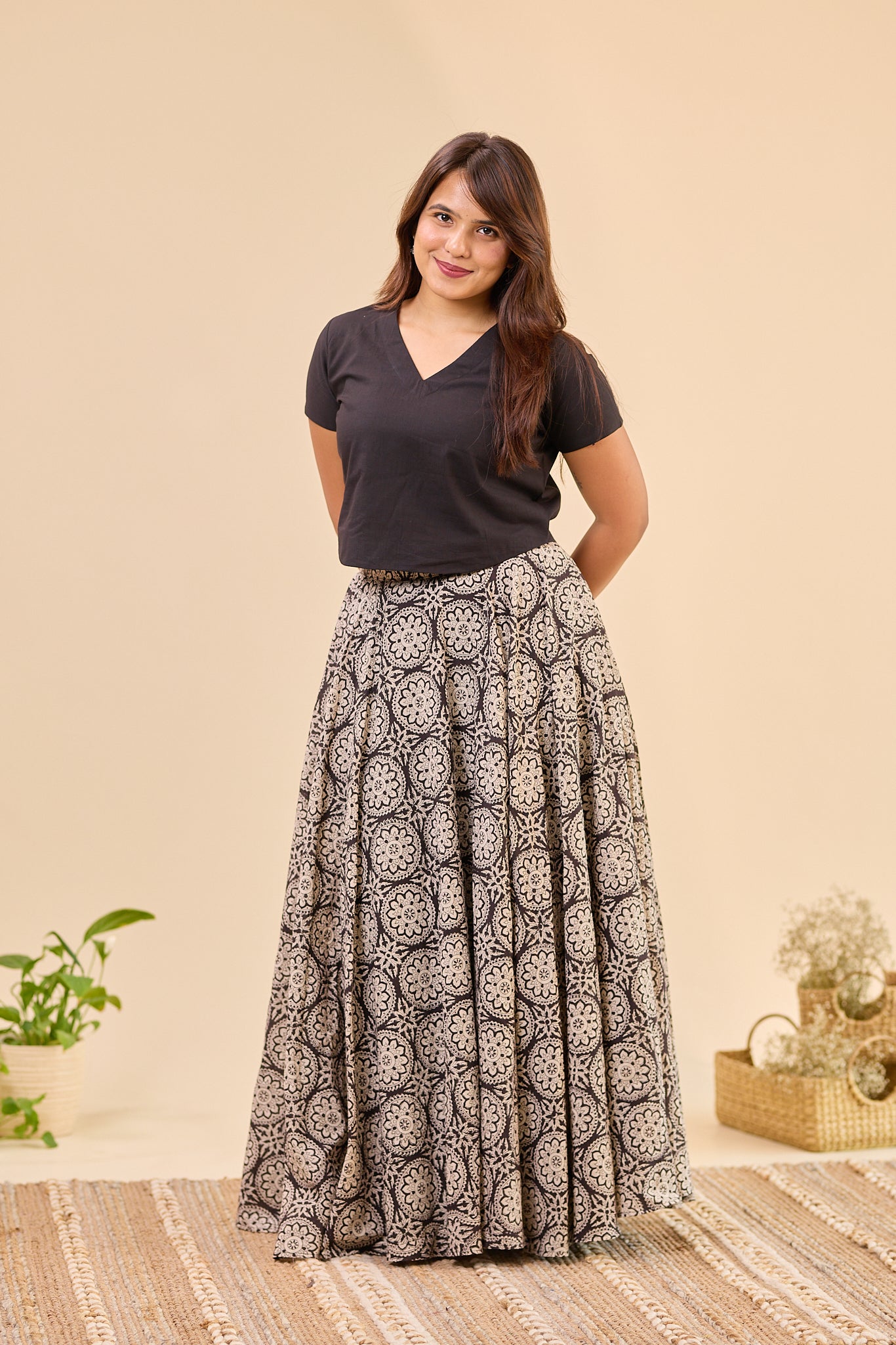 Black Bagru Hand - Block Printed Flared Skirt