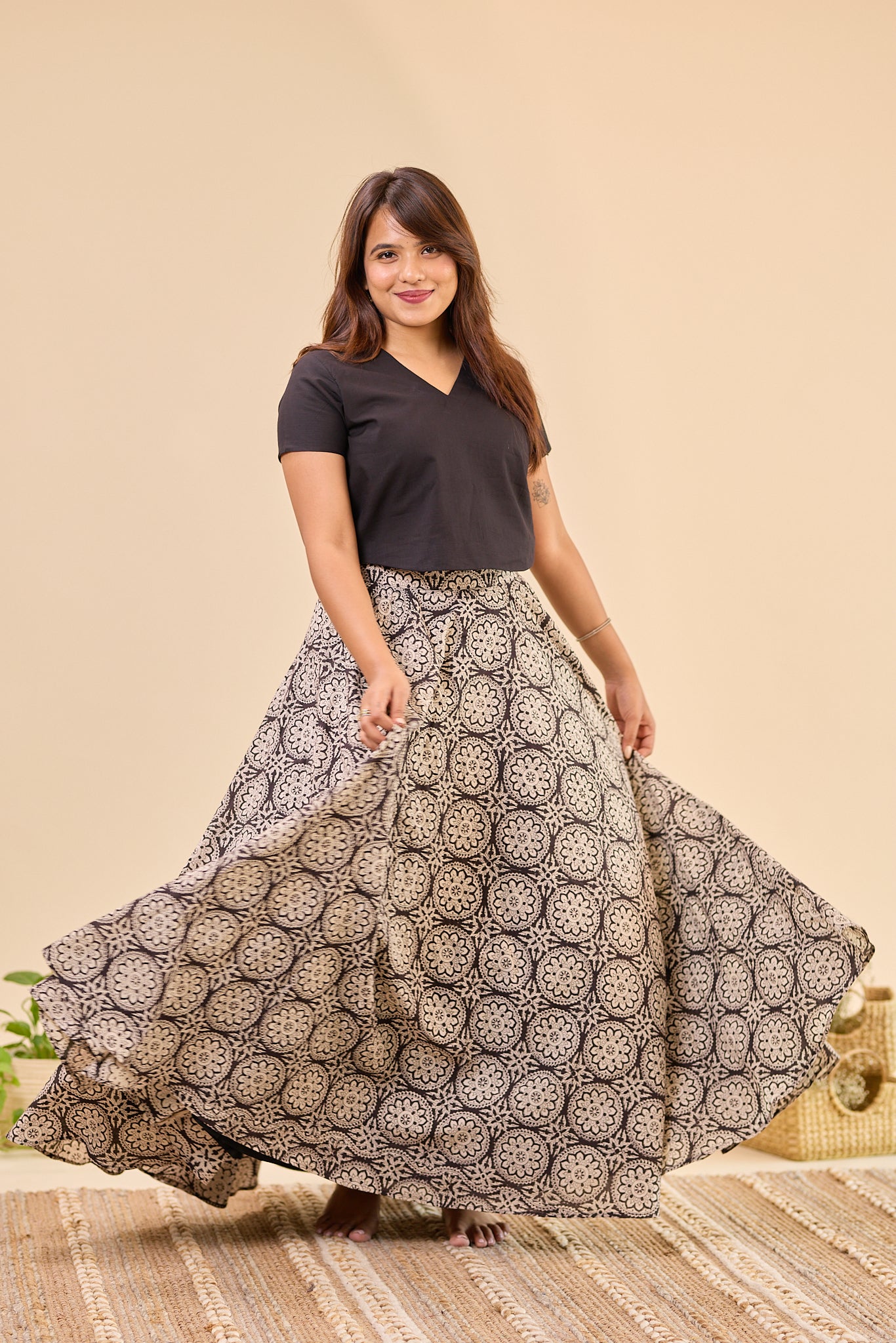Black Bagru Hand - Block Printed Flared Skirt